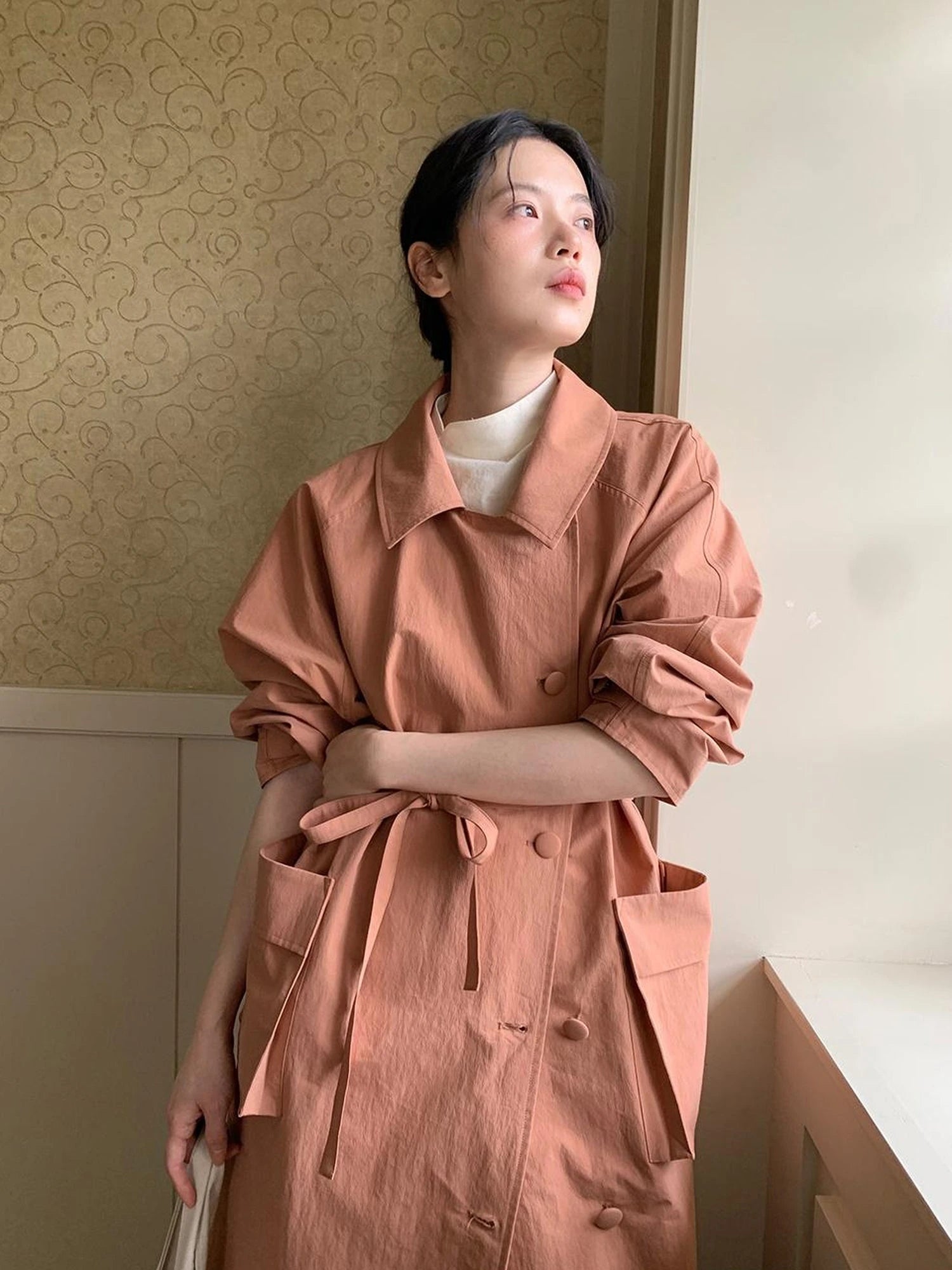 Double Breasted Coral Pink Trench Coat