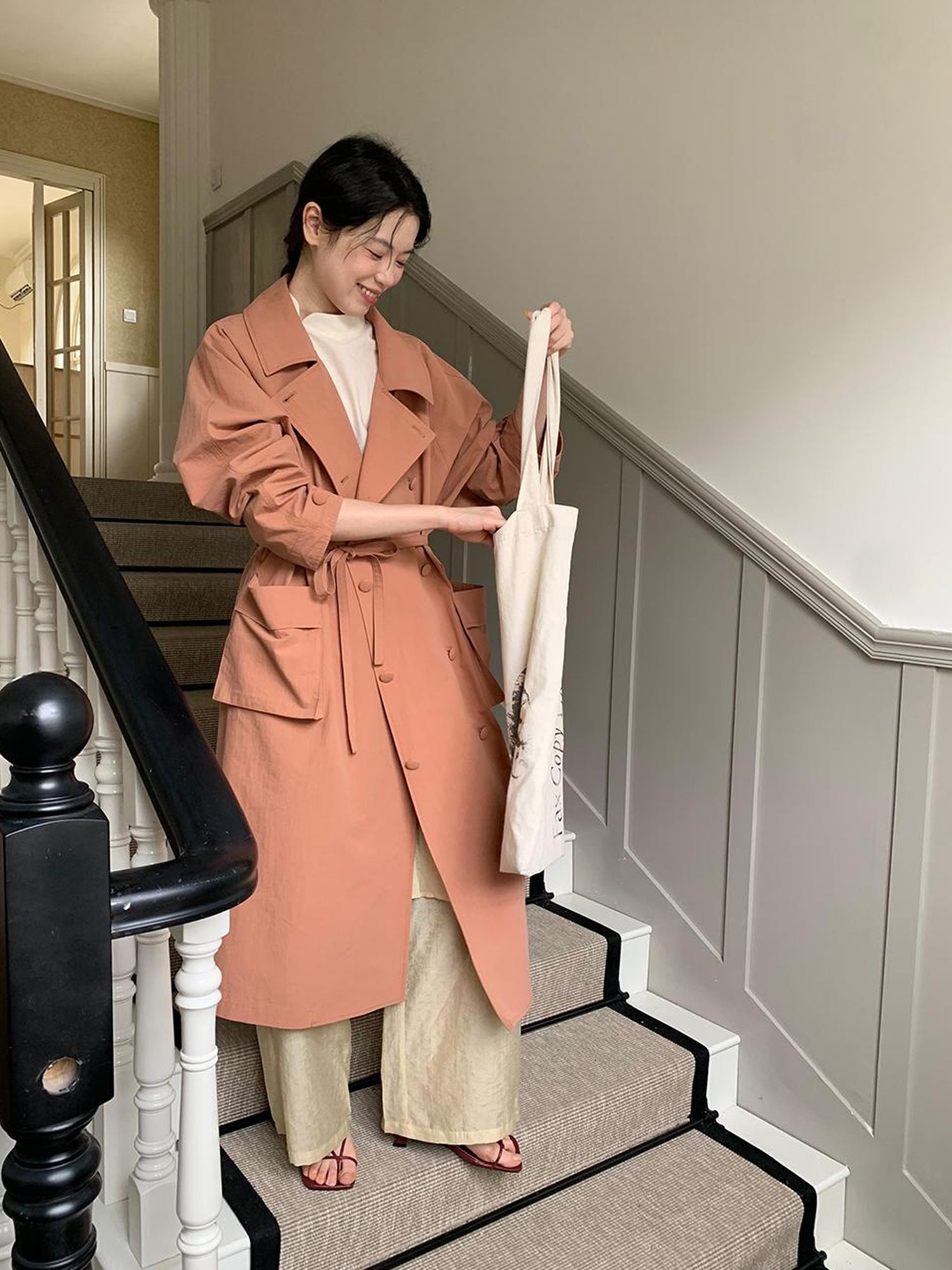 Dorydory Double Breasted Coral Pink Trench Coat
