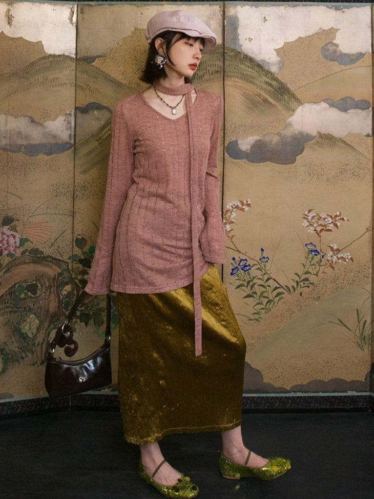 Dorydory Dusty Pink Hollowout Knit New Chinese Women&