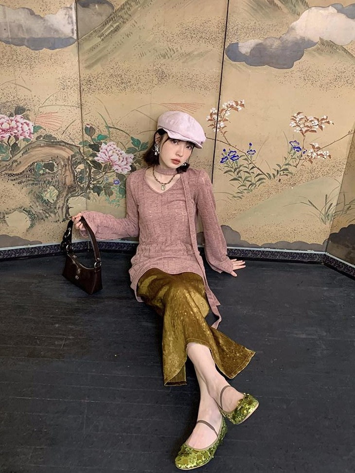 Dorydory Dusty Pink Hollowout Knit New Chinese Women&