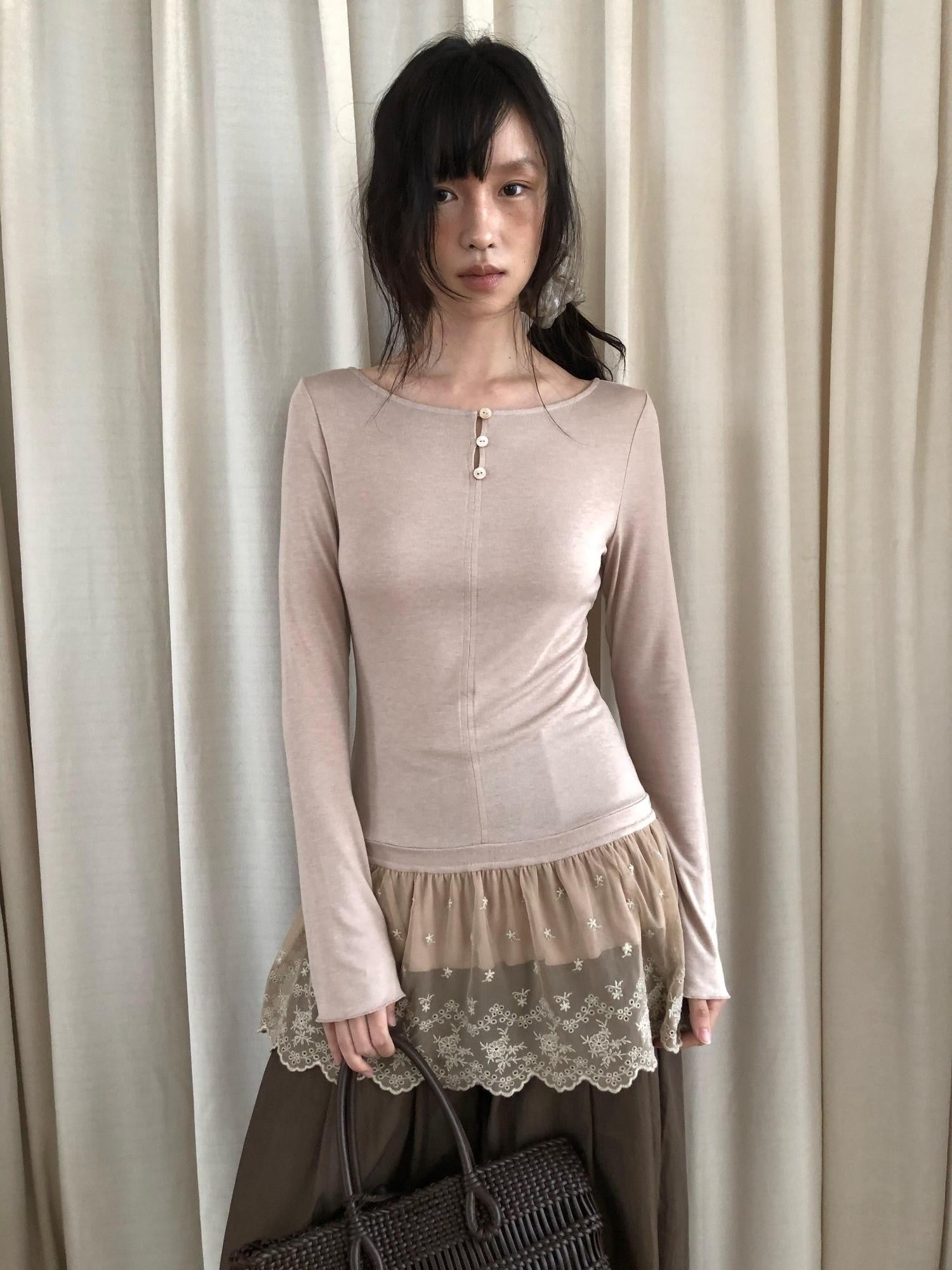 Dorydory Dusty Pink Rabbit Hair Lace Spliced Slim Women&
