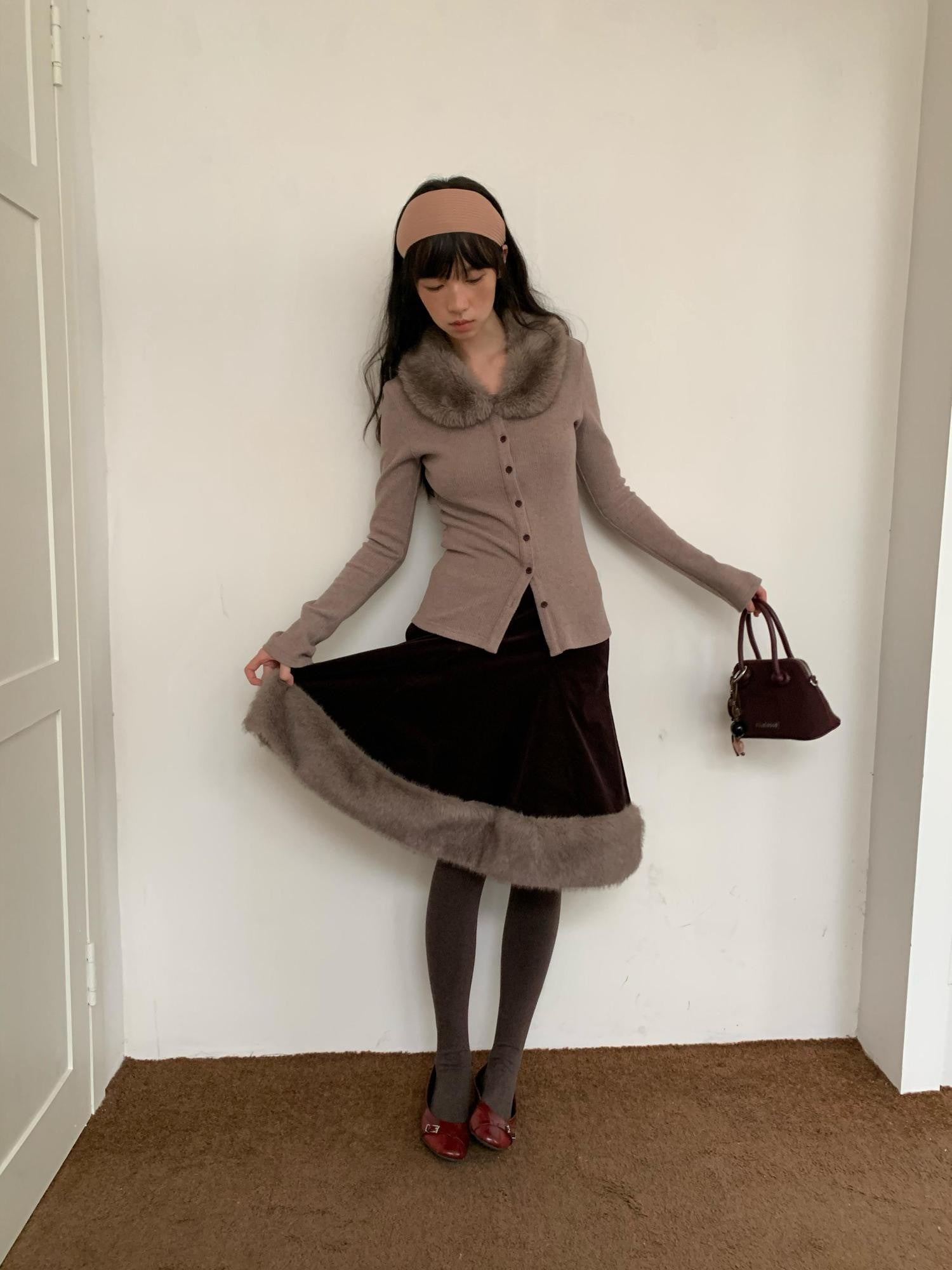 Dorydory Dusty Rose Gray Vintage Detachable Fur Collar Slim Fit Women&