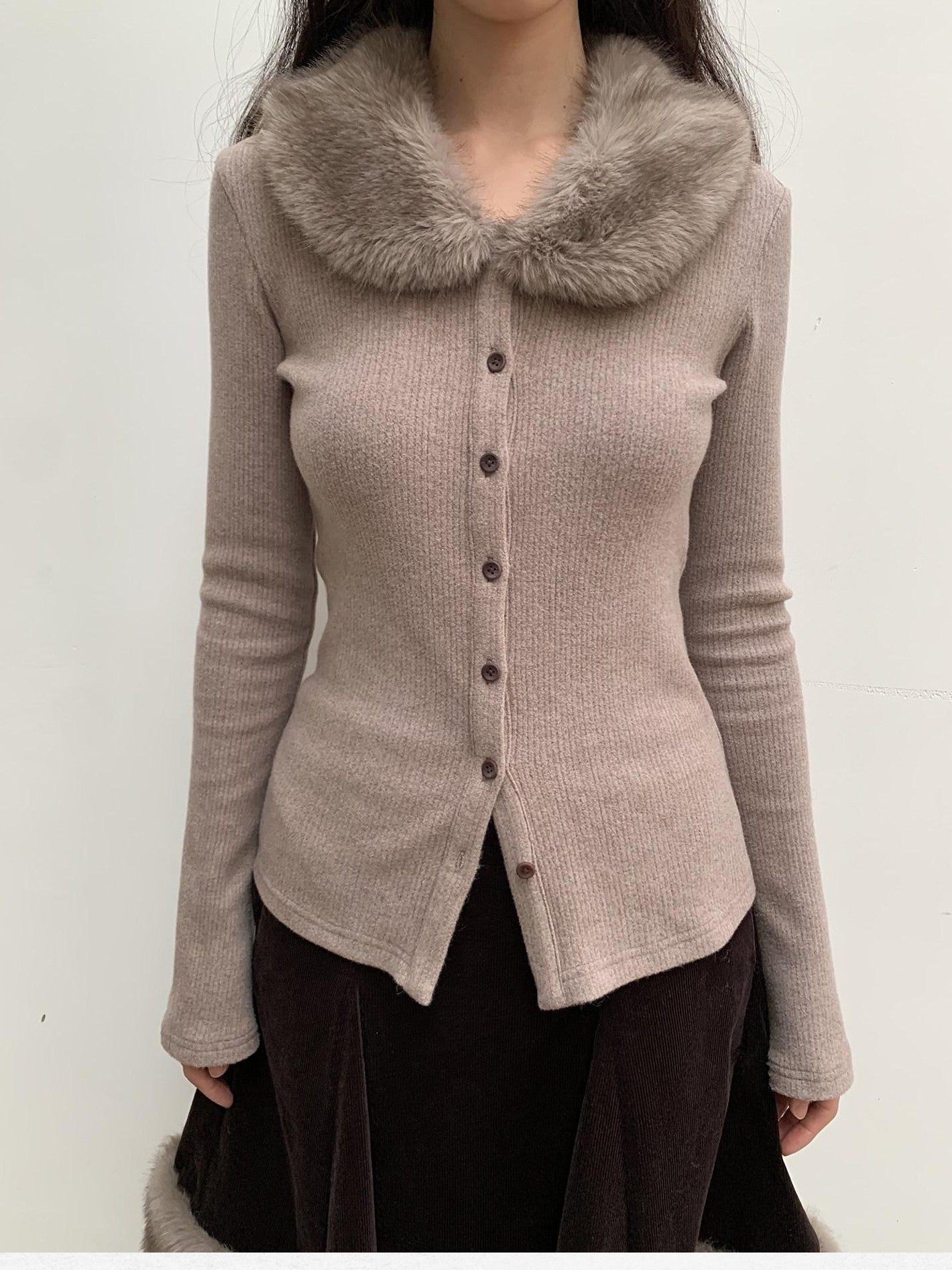 Dorydory Dusty Rose Gray Vintage Detachable Fur Collar Slim Fit Women&