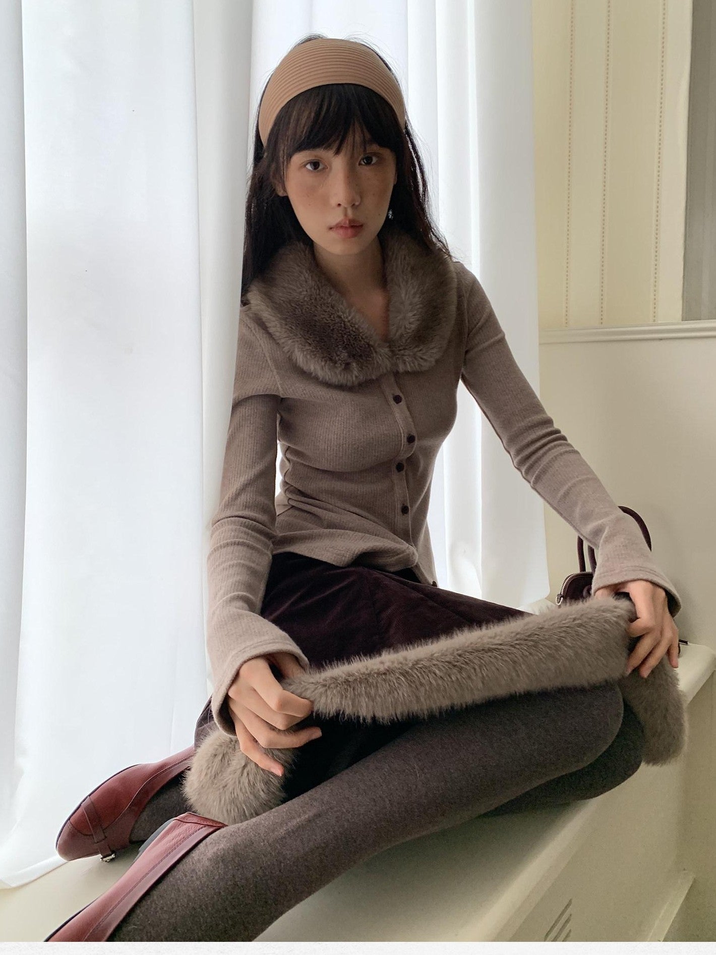 Dorydory Dusty Rose Gray Vintage Detachable Fur Collar Slim Fit Women&