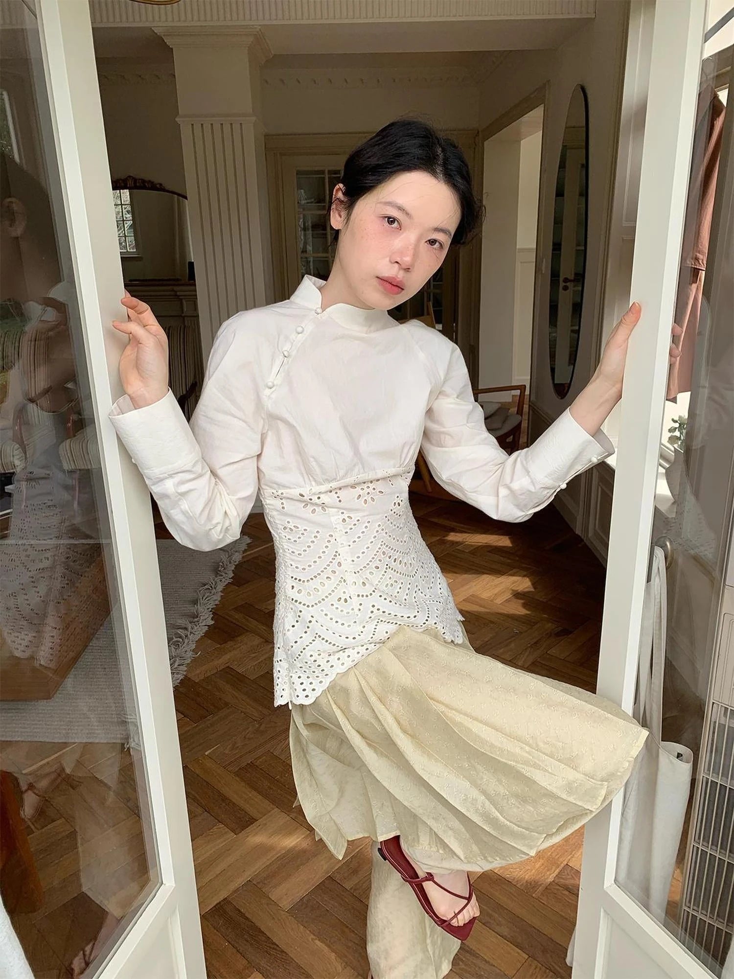 Elegant Embroidered Lace Up Cotton Blouse