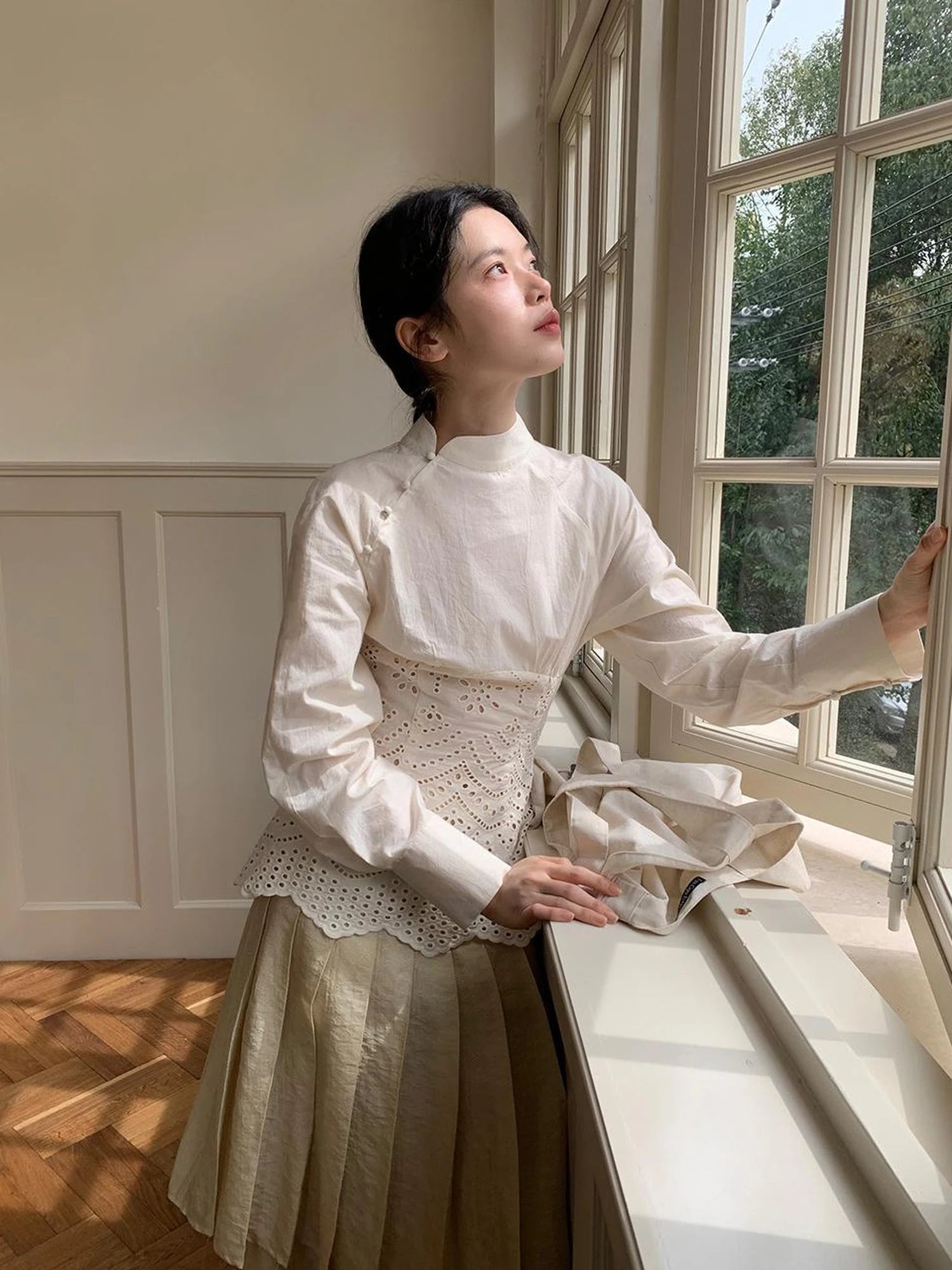 Elegant Embroidered Lace Up Cotton Blouse