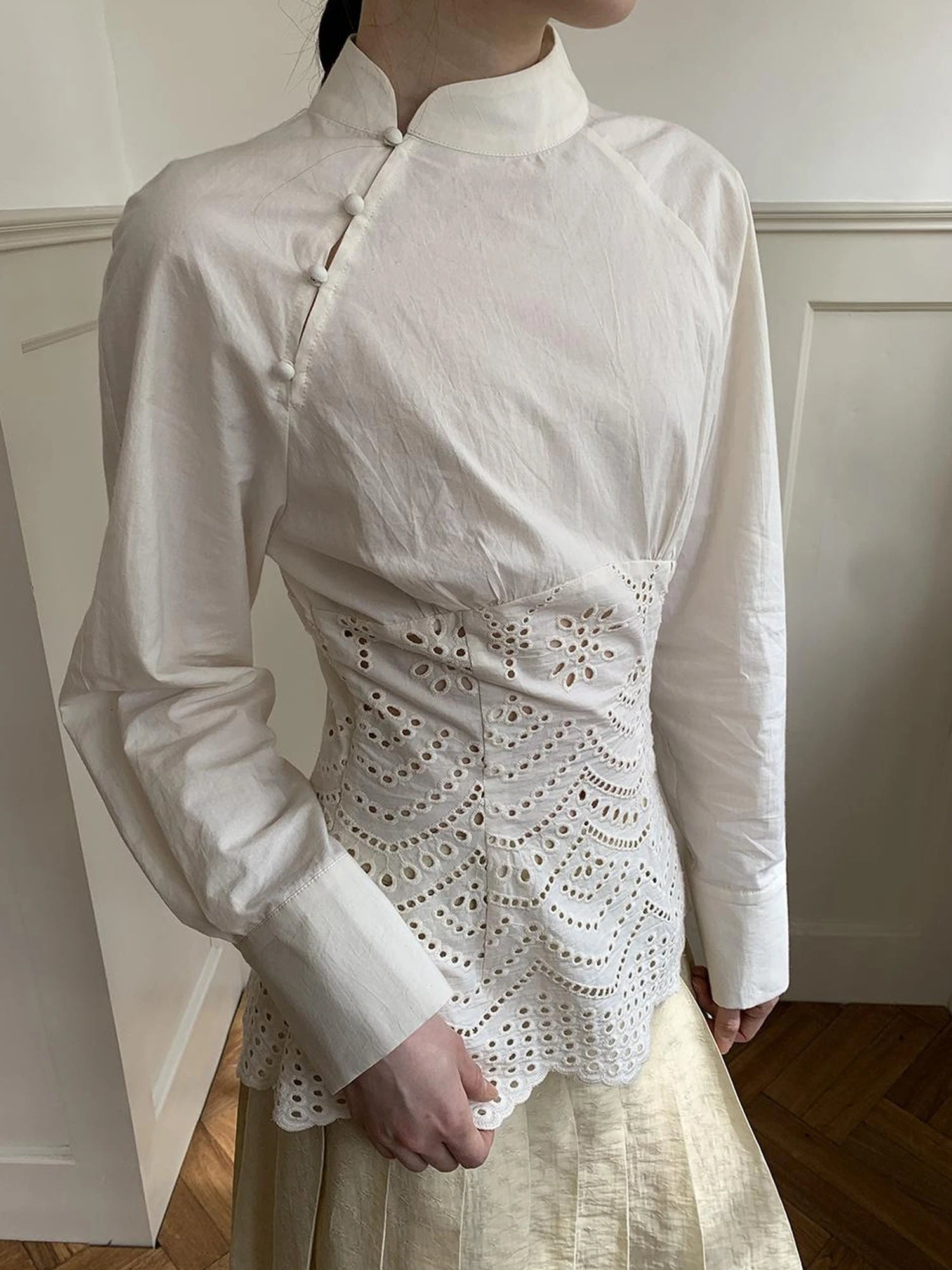 Elegant Embroidered Lace Up Cotton Blouse