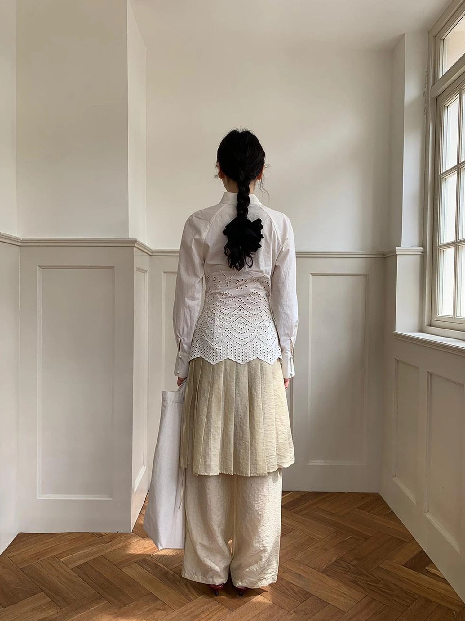 Elegant Embroidered Lace Up Cotton Blouse