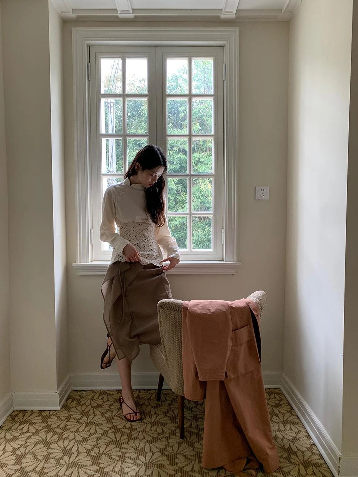 Elegant Embroidered Lace Up Cotton Blouse