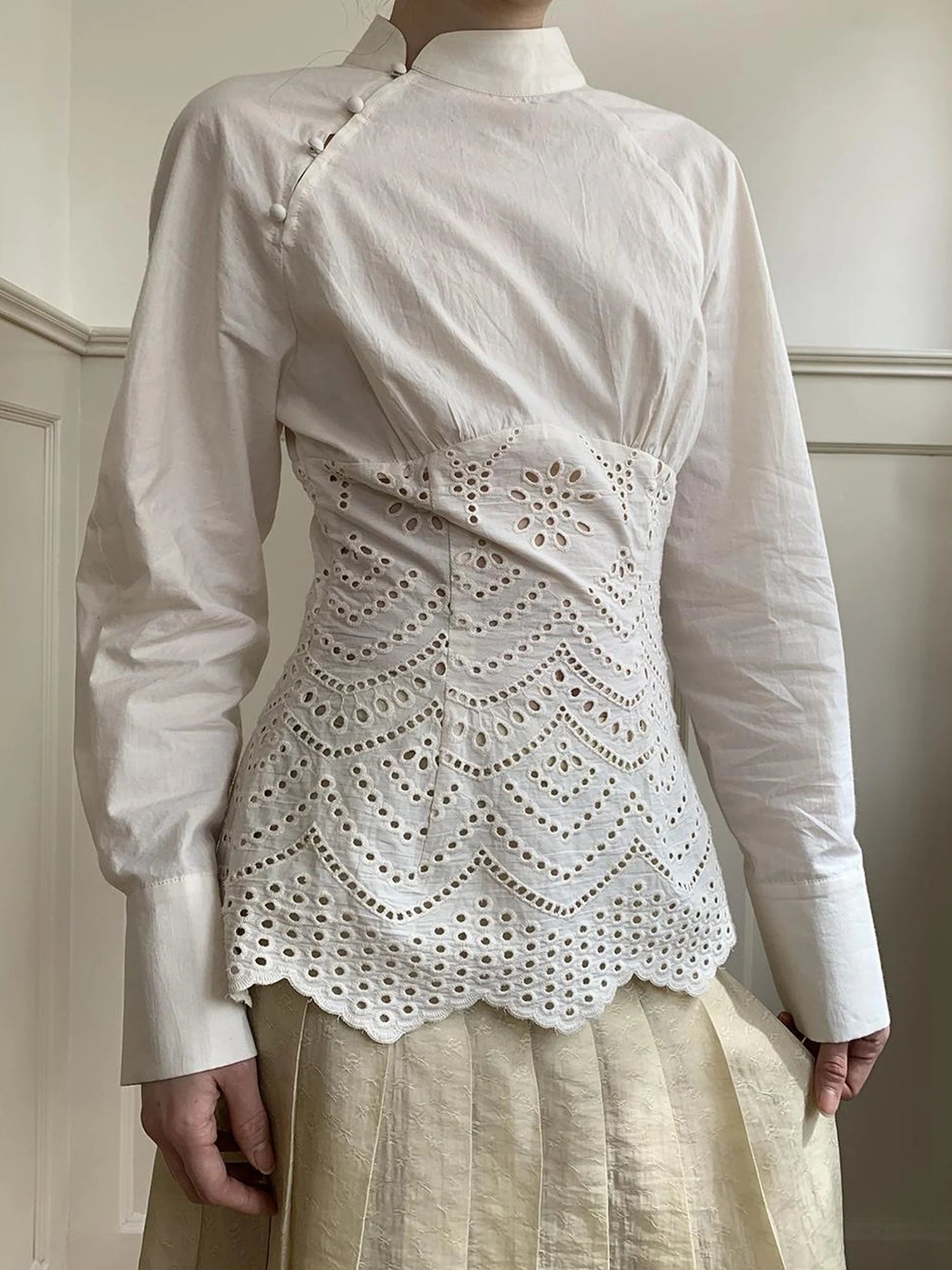 Elegant Embroidered Lace Up Cotton Blouse