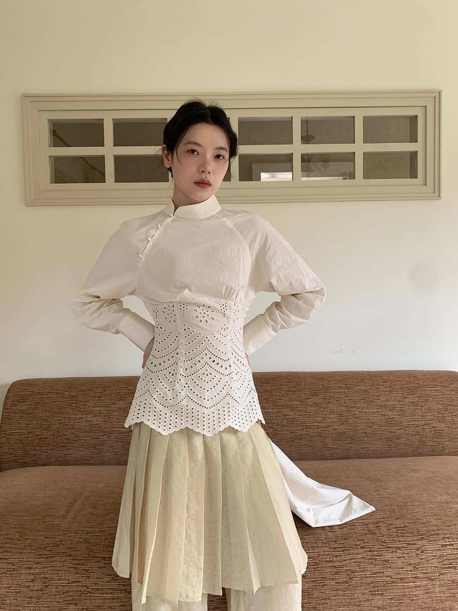 Elegant Embroidered Lace Up Cotton Blouse