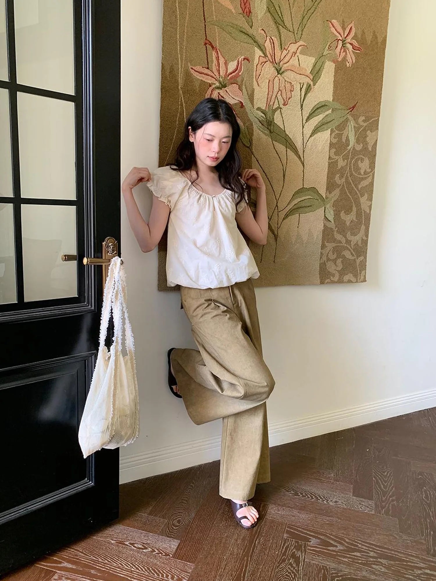 Embroidered Berry Floral Blouse With Puffed Sleeves