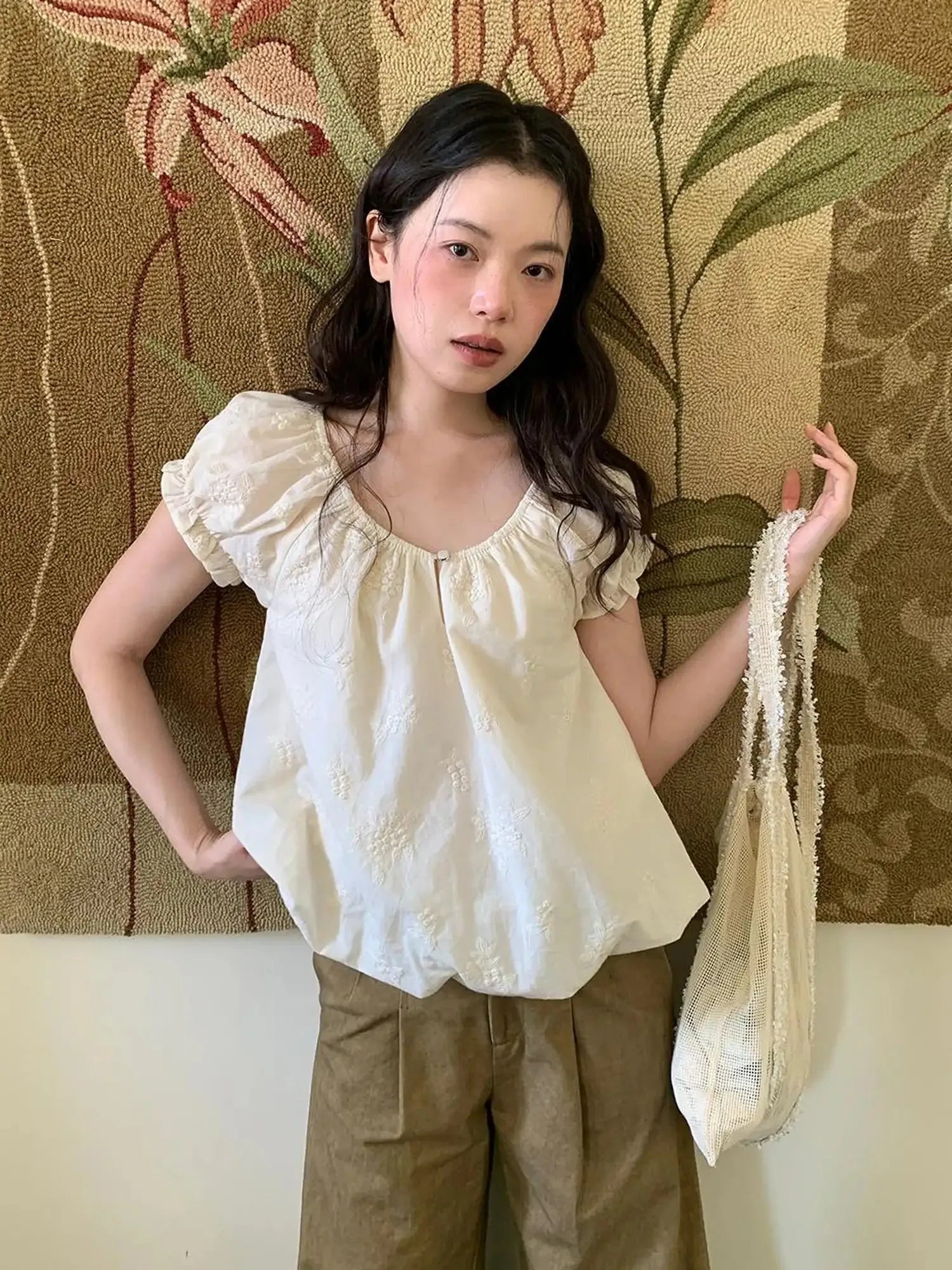 Embroidered Berry Floral Blouse With Puffed Sleeves