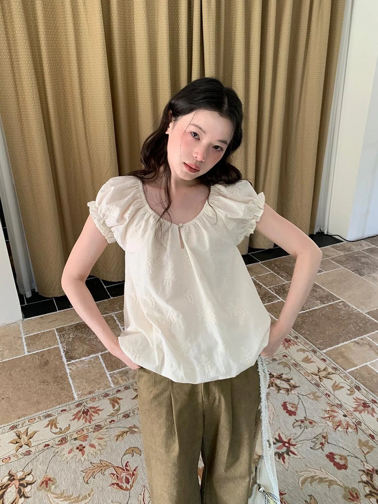 Embroidered Berry Floral Blouse With Puffed Sleeves