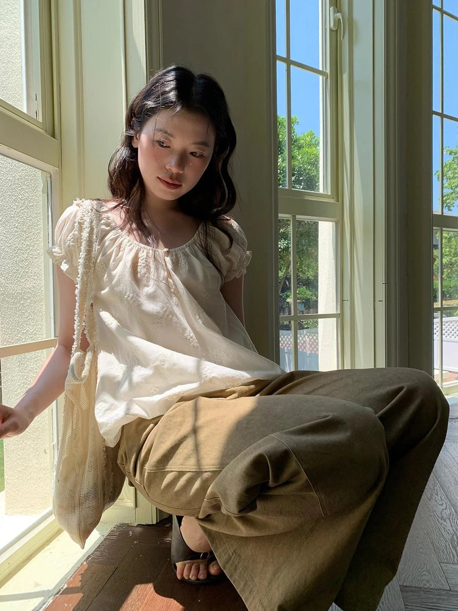 Embroidered Berry Floral Blouse With Puffed Sleeves