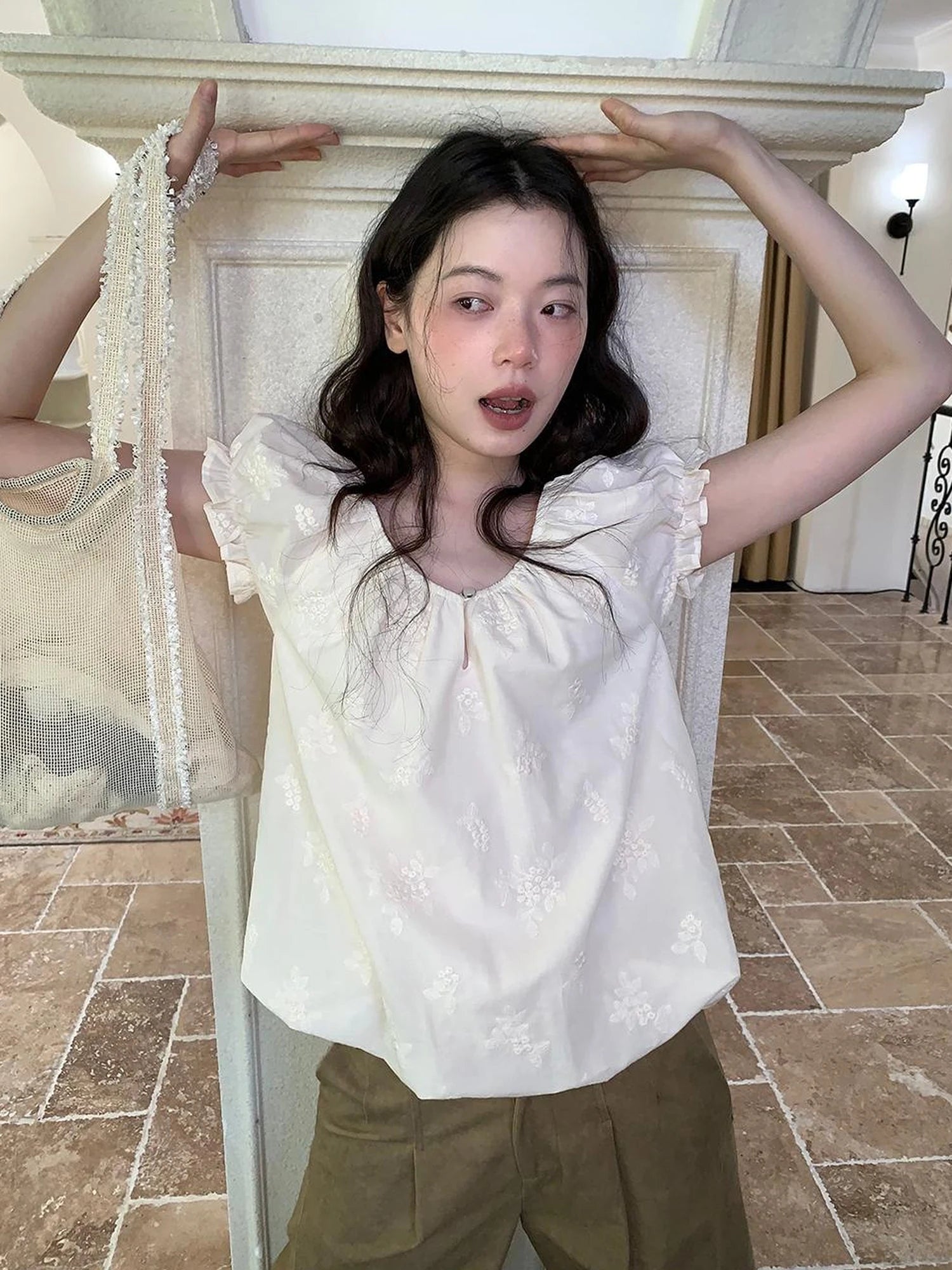 Embroidered Berry Floral Blouse With Puffed Sleeves