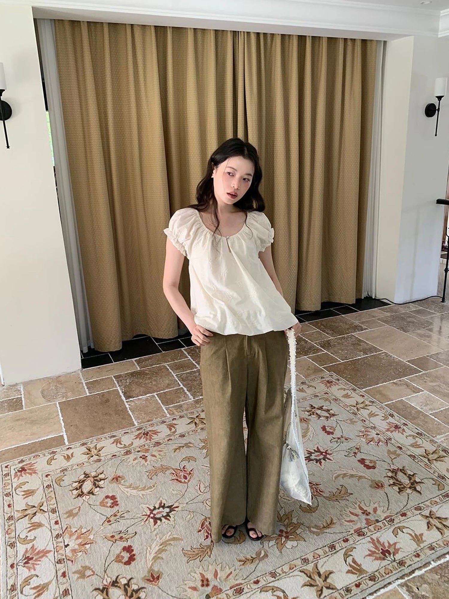 Embroidered Berry Floral Blouse With Puffed Sleeves