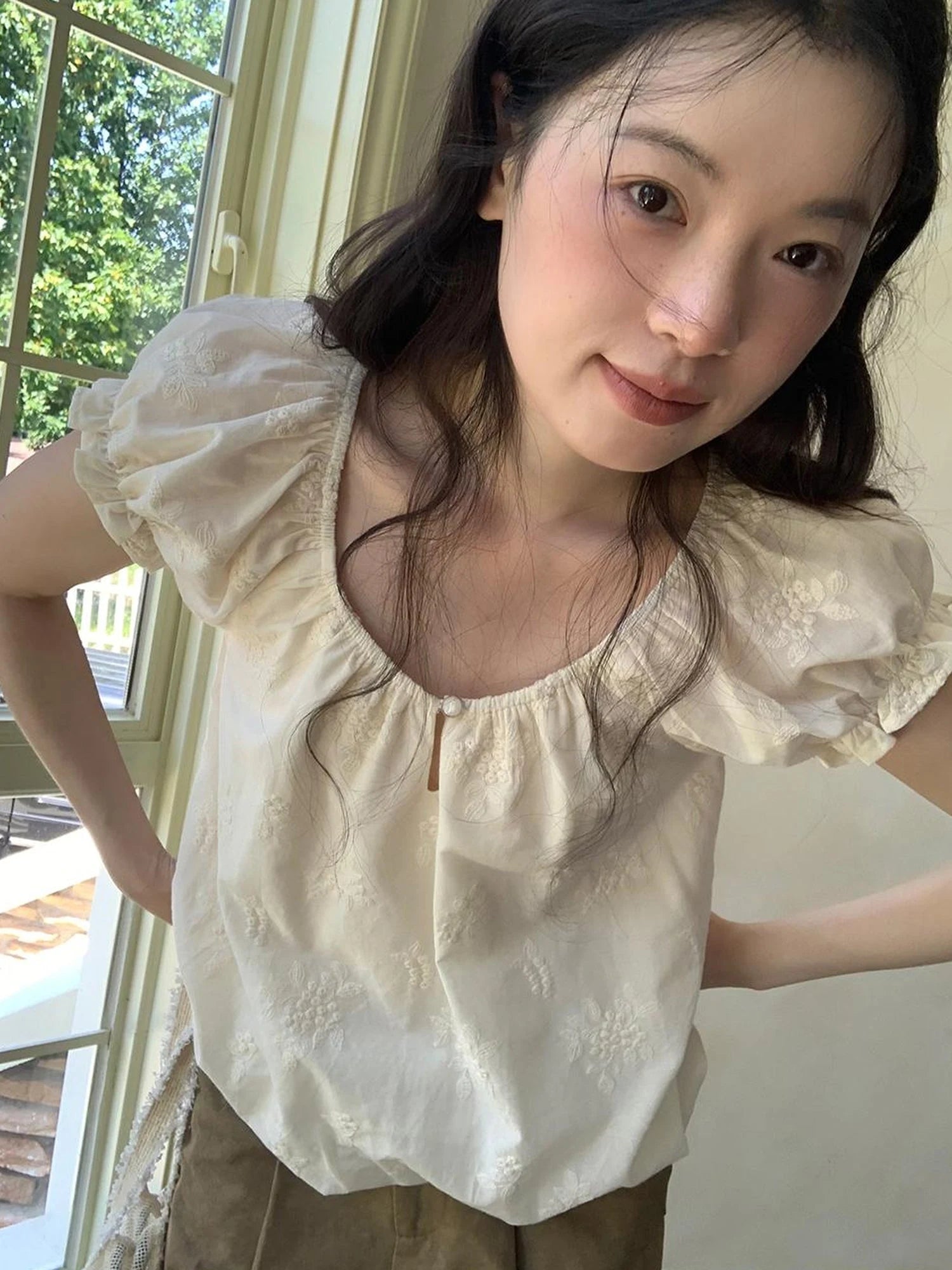 Embroidered Berry Floral Blouse With Puffed Sleeves