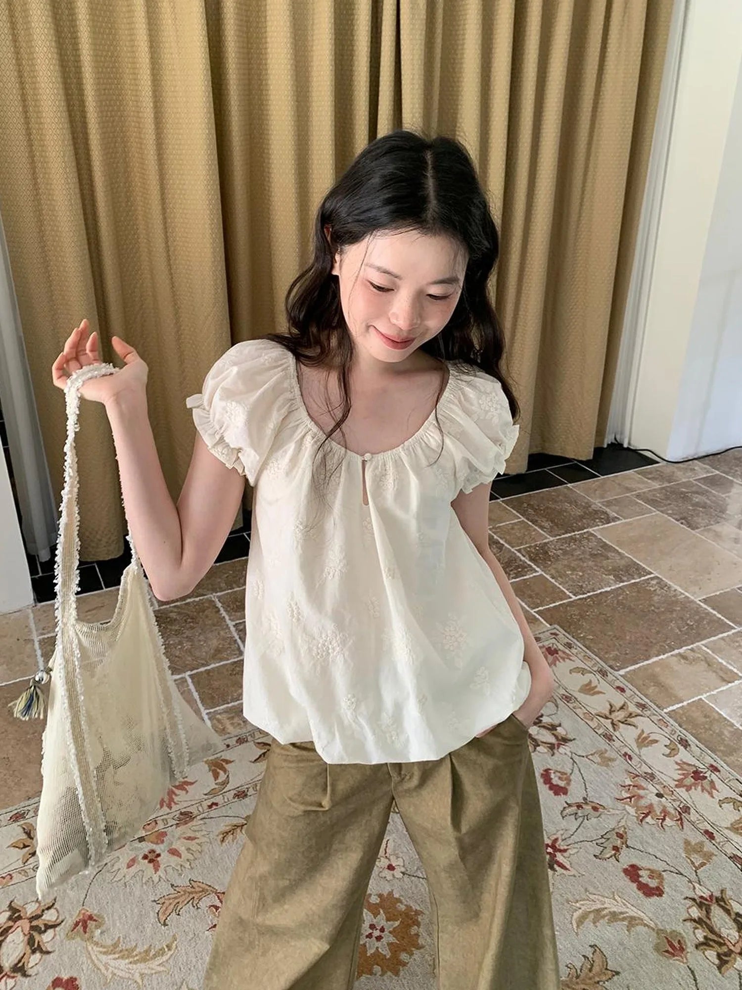 Embroidered Berry Floral Blouse With Puffed Sleeves