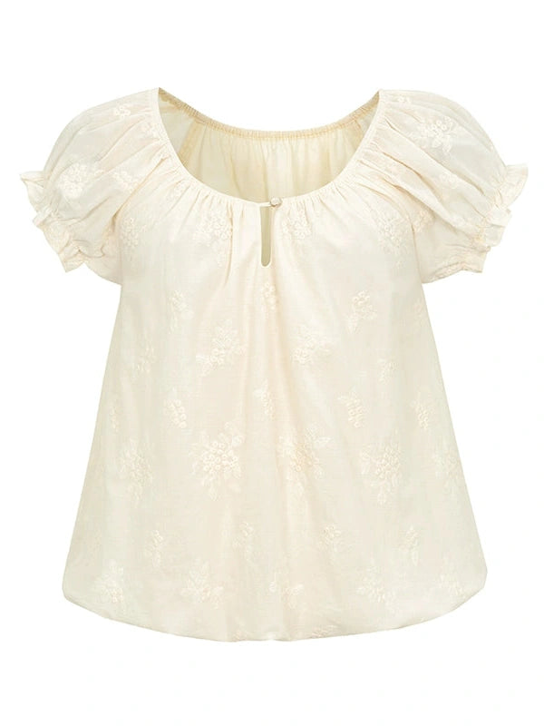 Embroidered Berry Floral Blouse With Puffed Sleeves