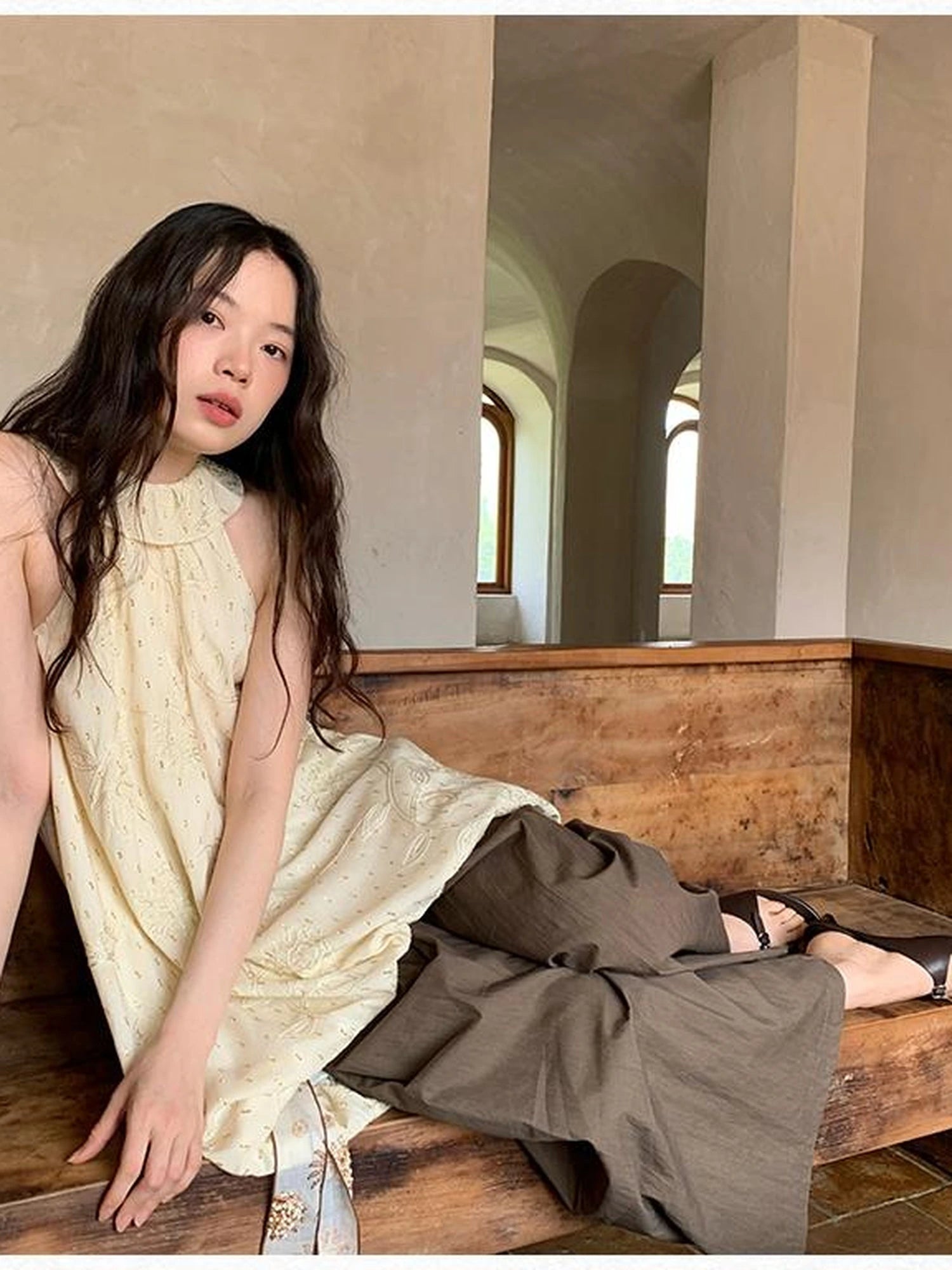 Embroidered Cotton Halter Neck Sundress With Lace Collar