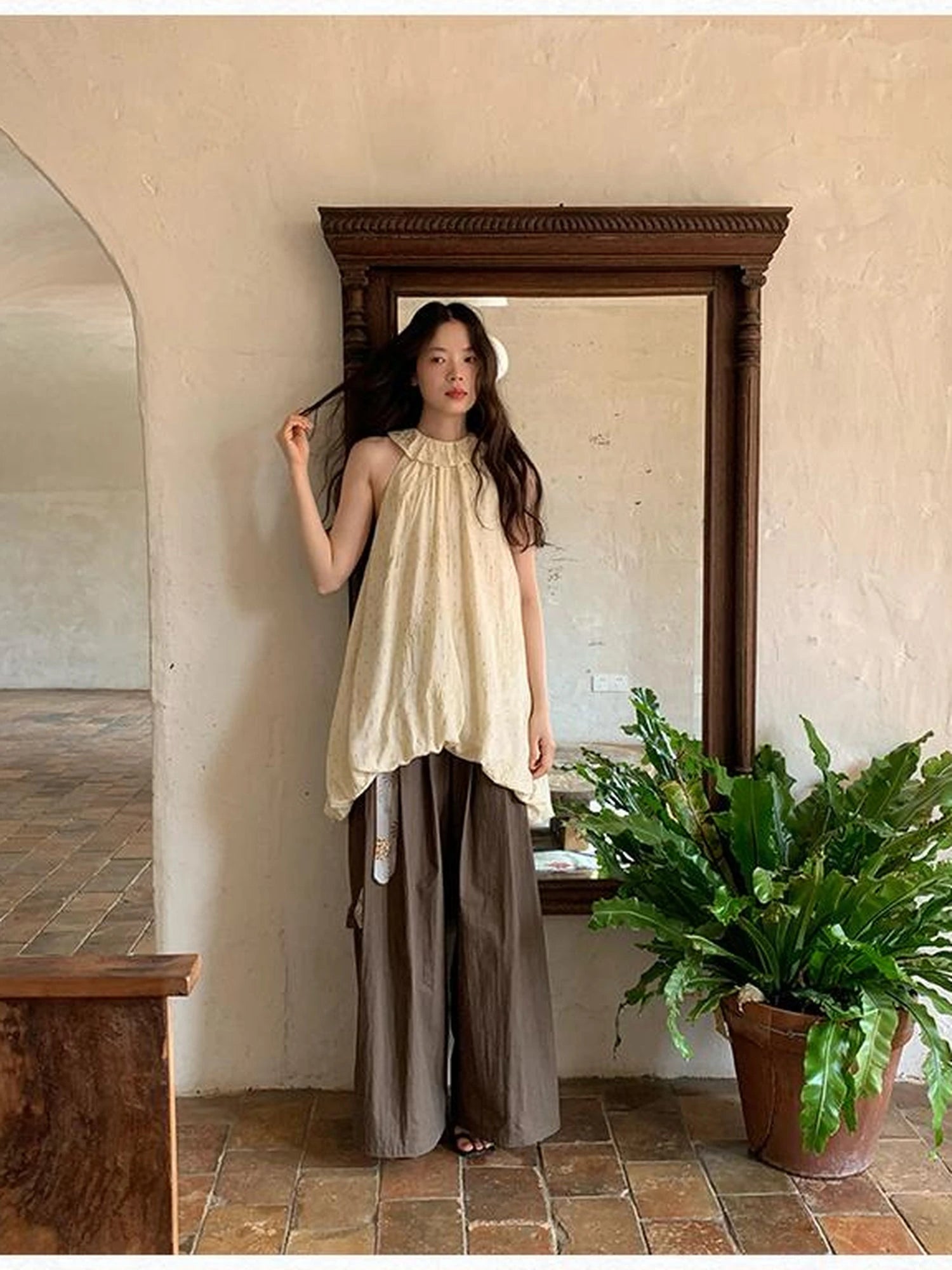 Embroidered Cotton Halter Neck Sundress With Lace Collar