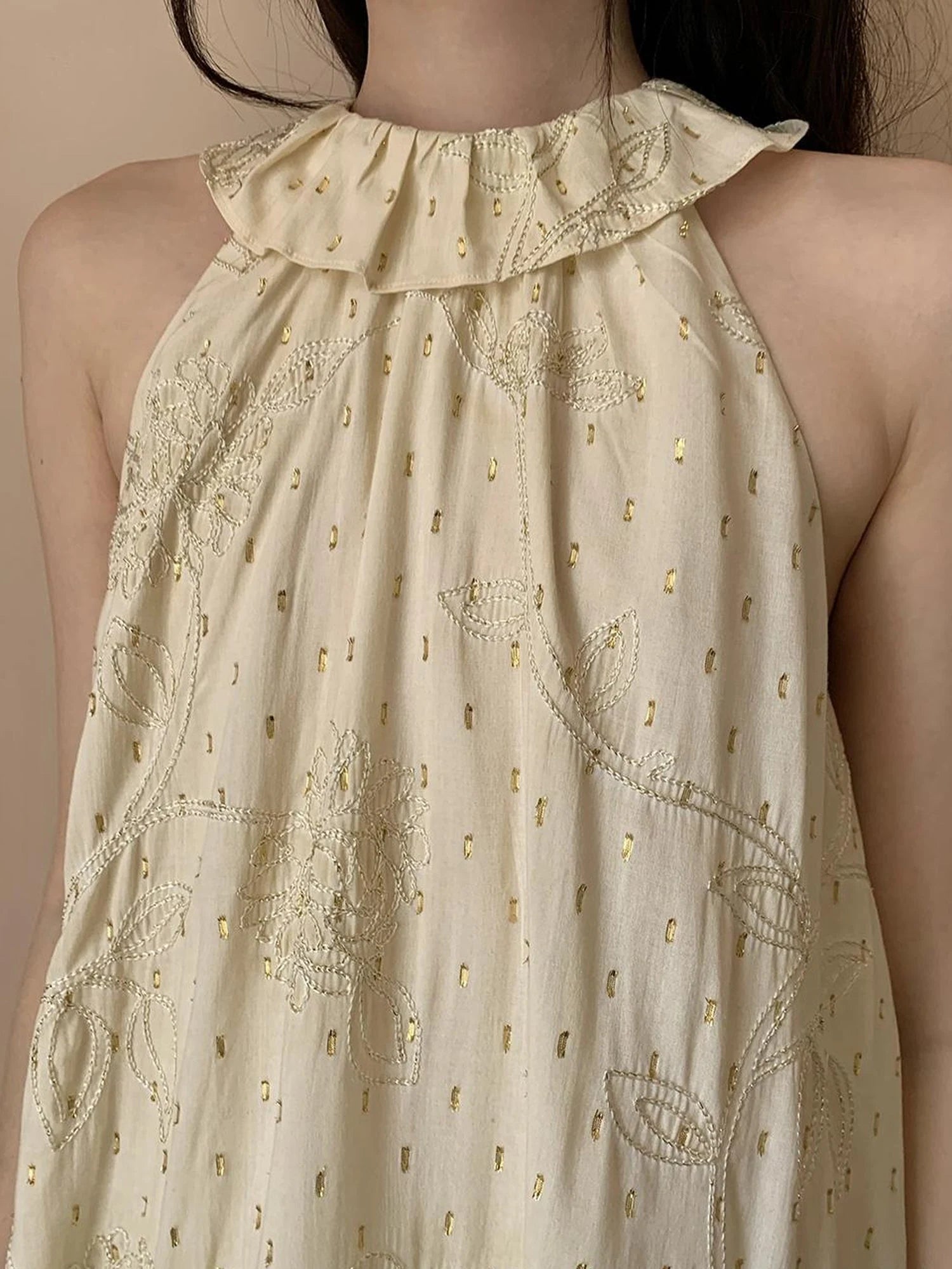 Embroidered Cotton Halter Neck Sundress With Lace Collar