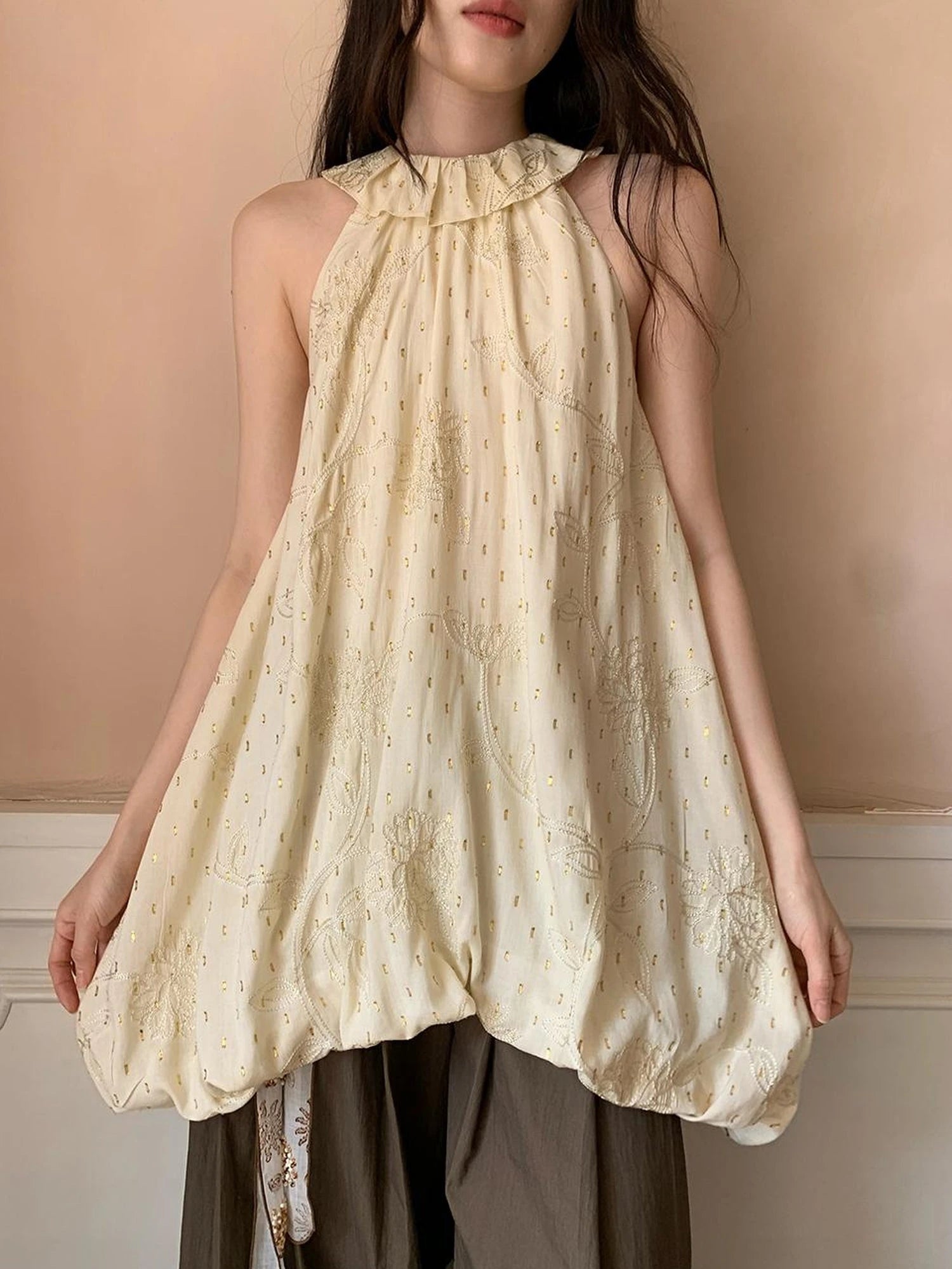 Embroidered Cotton Halter Neck Sundress With Lace Collar