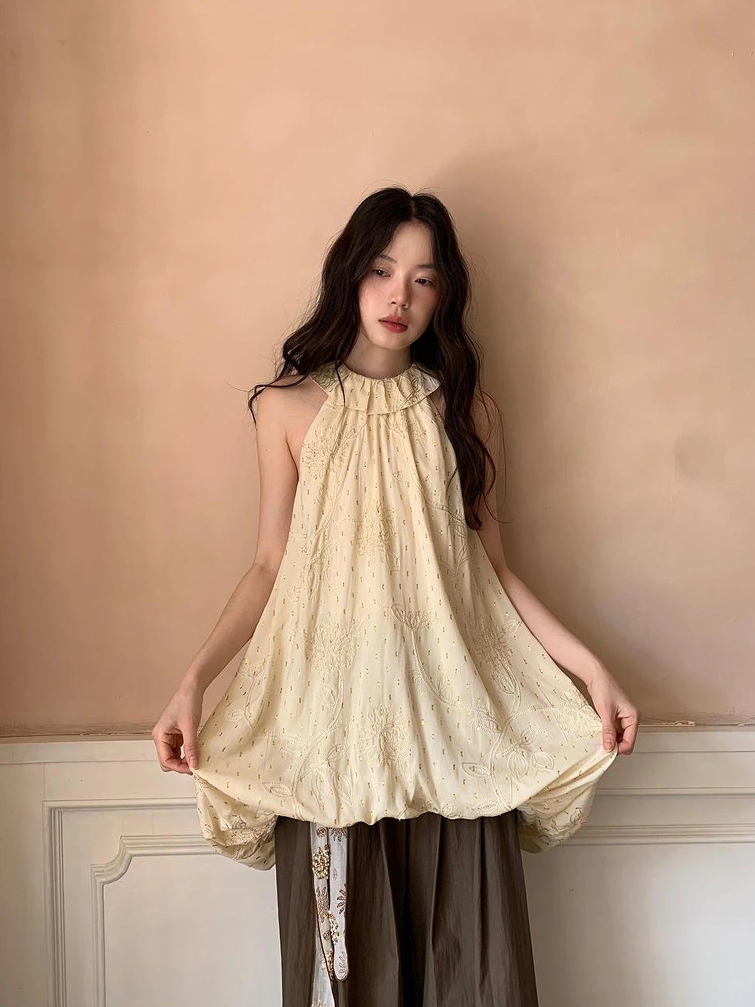 Embroidered Cotton Halter Neck Sundress With Lace Collar