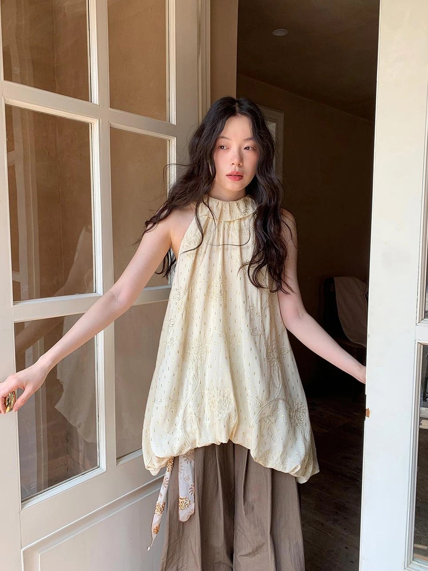 Embroidered Cotton Halter Neck Sundress With Lace Collar