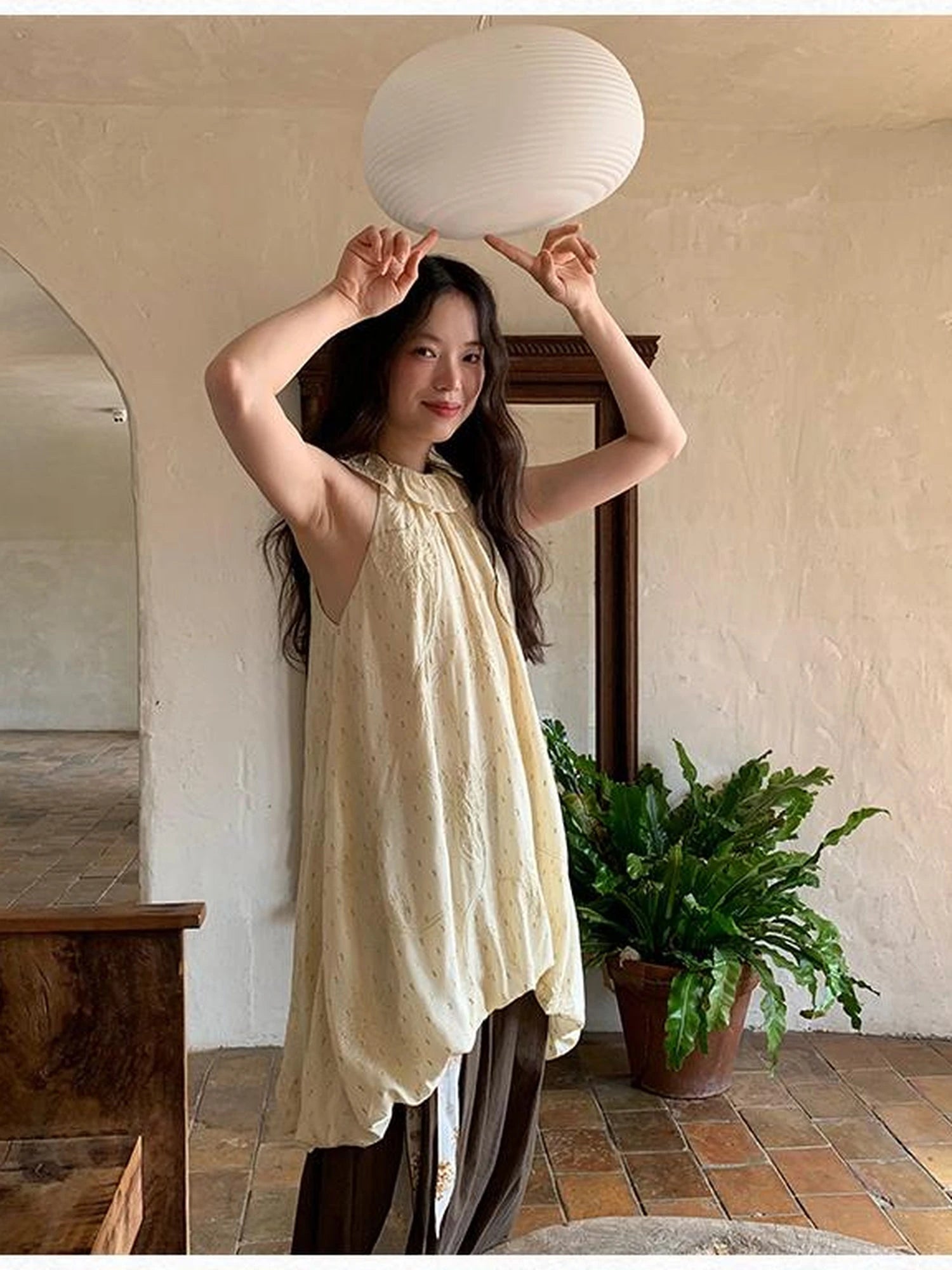 Embroidered Cotton Halter Neck Sundress With Lace Collar