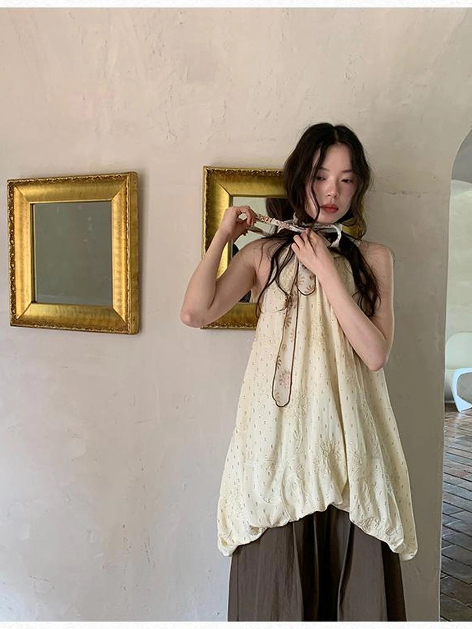 Embroidered Cotton Halter Neck Sundress With Lace Collar