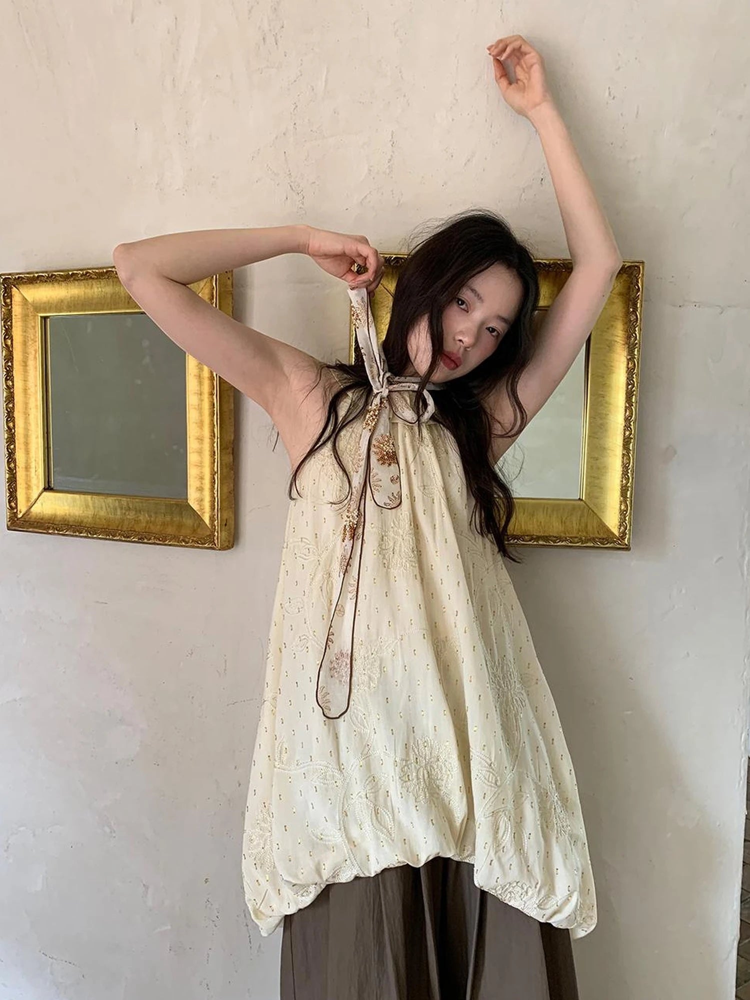 Embroidered Cotton Halter Neck Sundress With Lace Collar