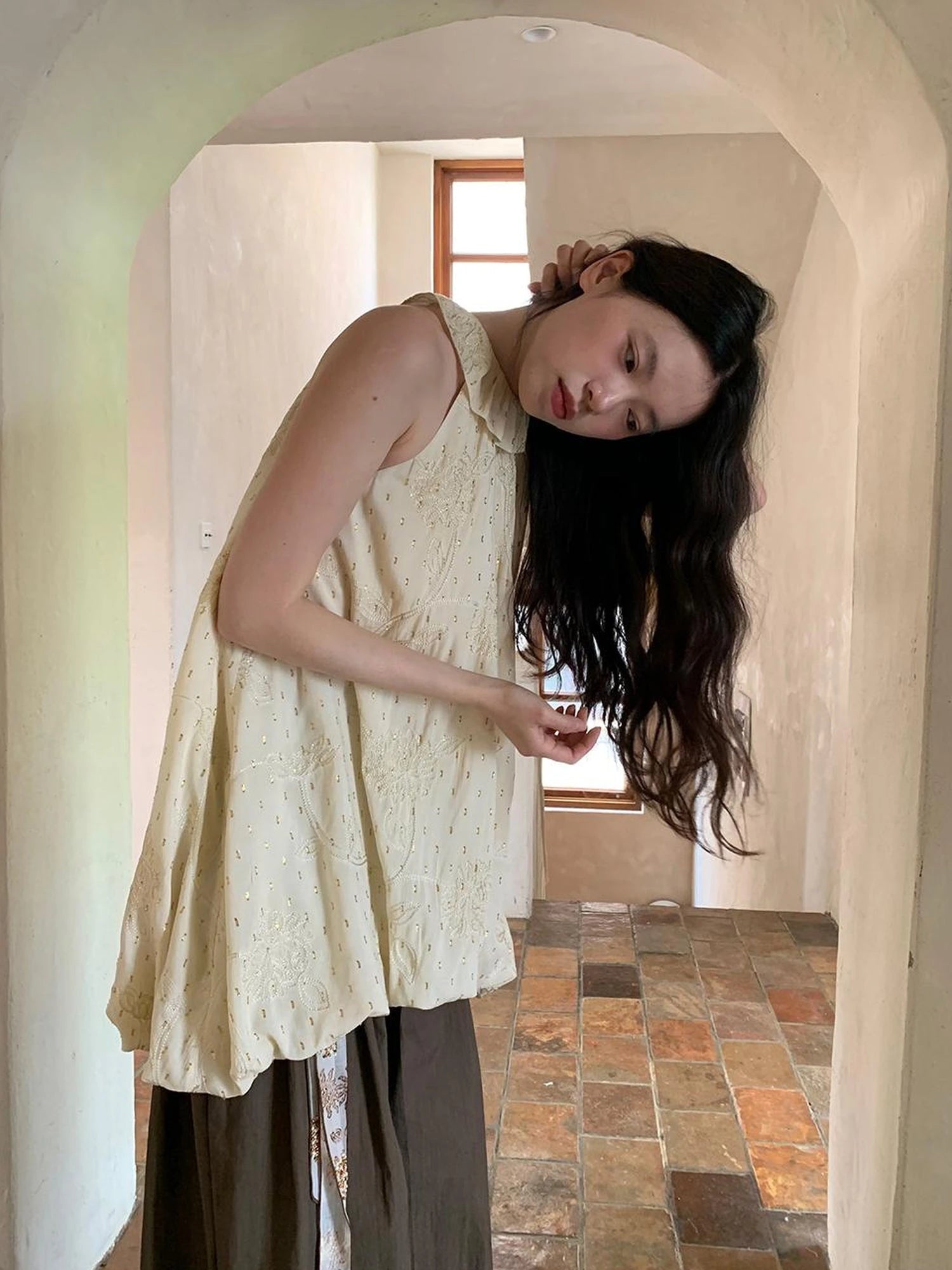 Embroidered Cotton Halter Neck Sundress With Lace Collar