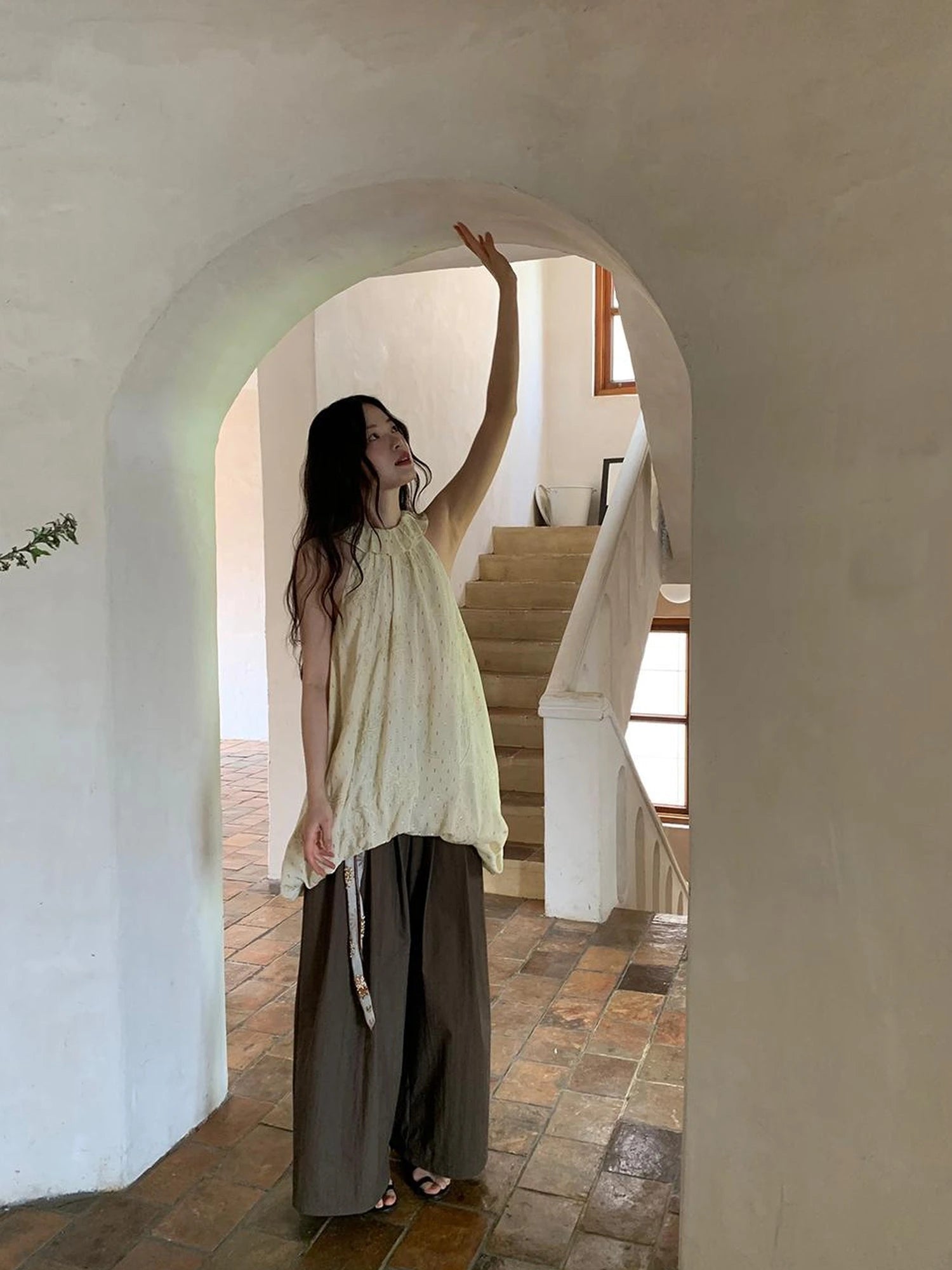 Embroidered Cotton Halter Neck Sundress With Lace Collar