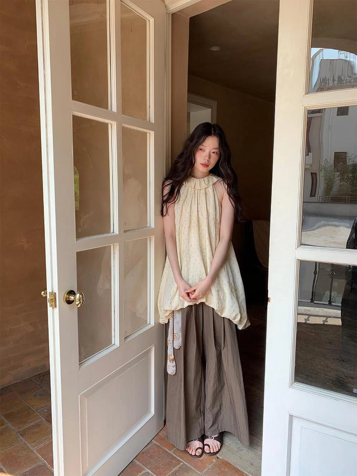 Embroidered Cotton Halter Neck Sundress With Lace Collar