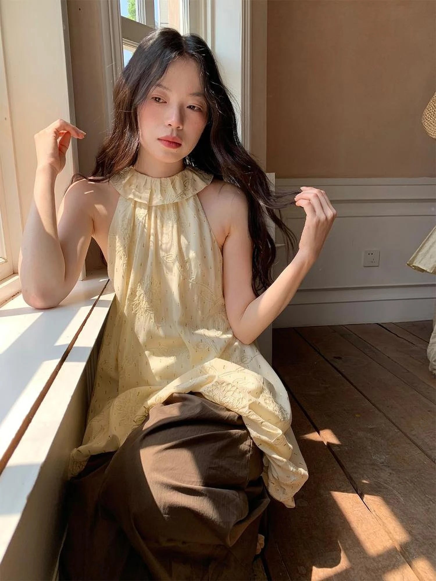 Embroidered Cotton Halter Neck Sundress With Lace Collar