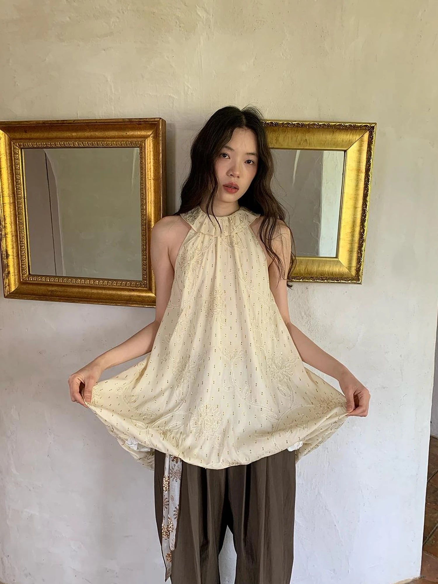 Embroidered Cotton Halter Neck Sundress With Lace Collar