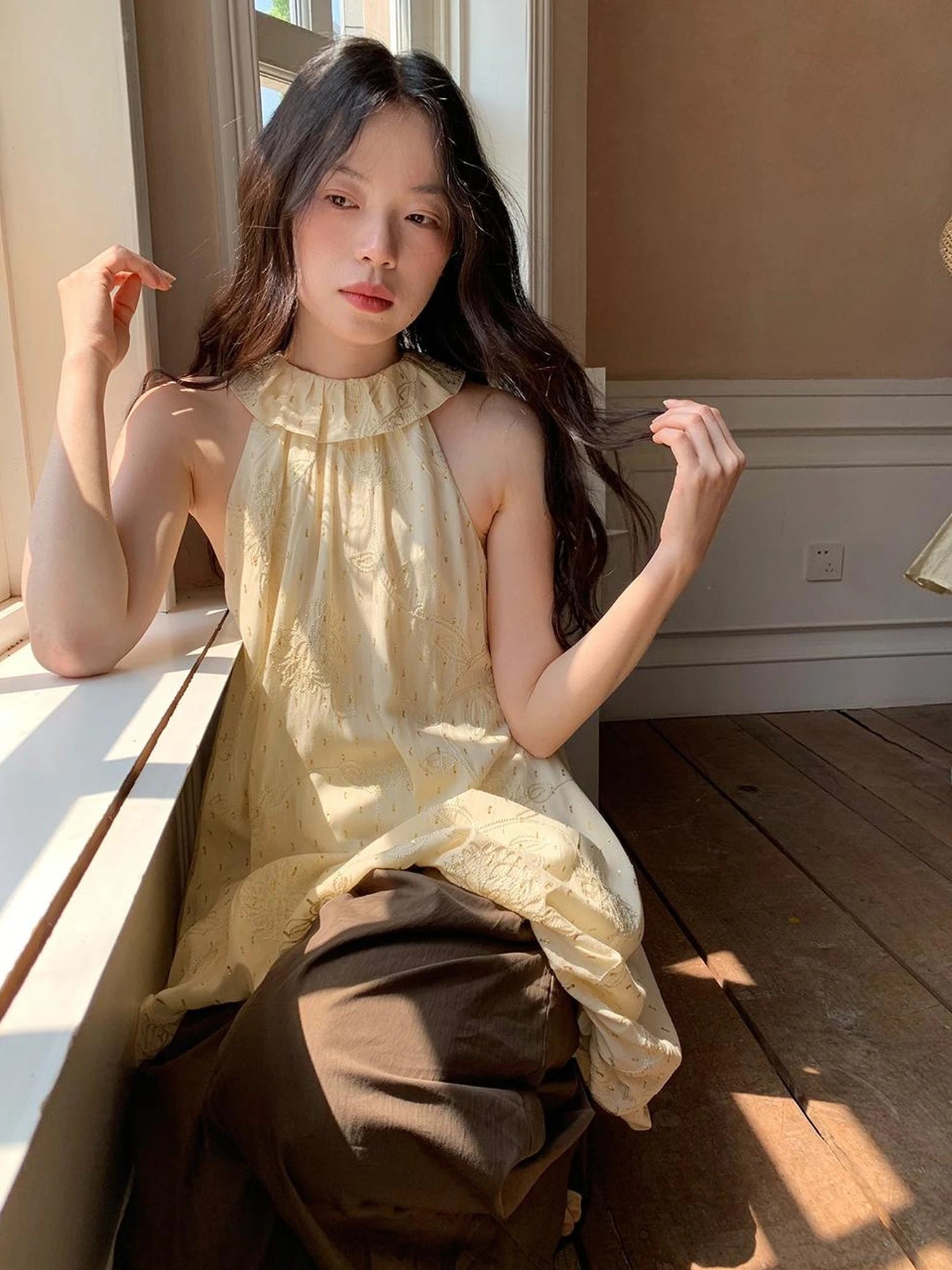 Embroidered Cotton Halter Neck Sundress With Lace Collar