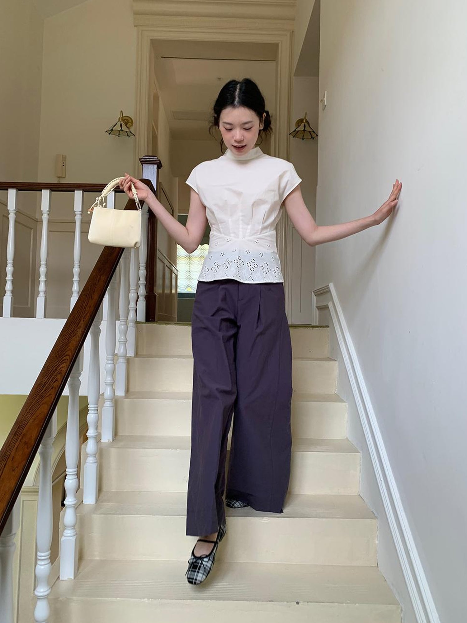 Dorydory Embroidered Mandarin Collar White Shirt With Floral Lace Hem
