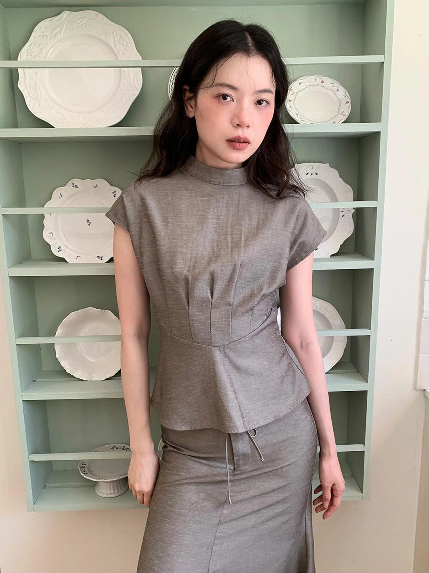 Embroidered Mandarin Collar White Shirt With Floral Lace Hem