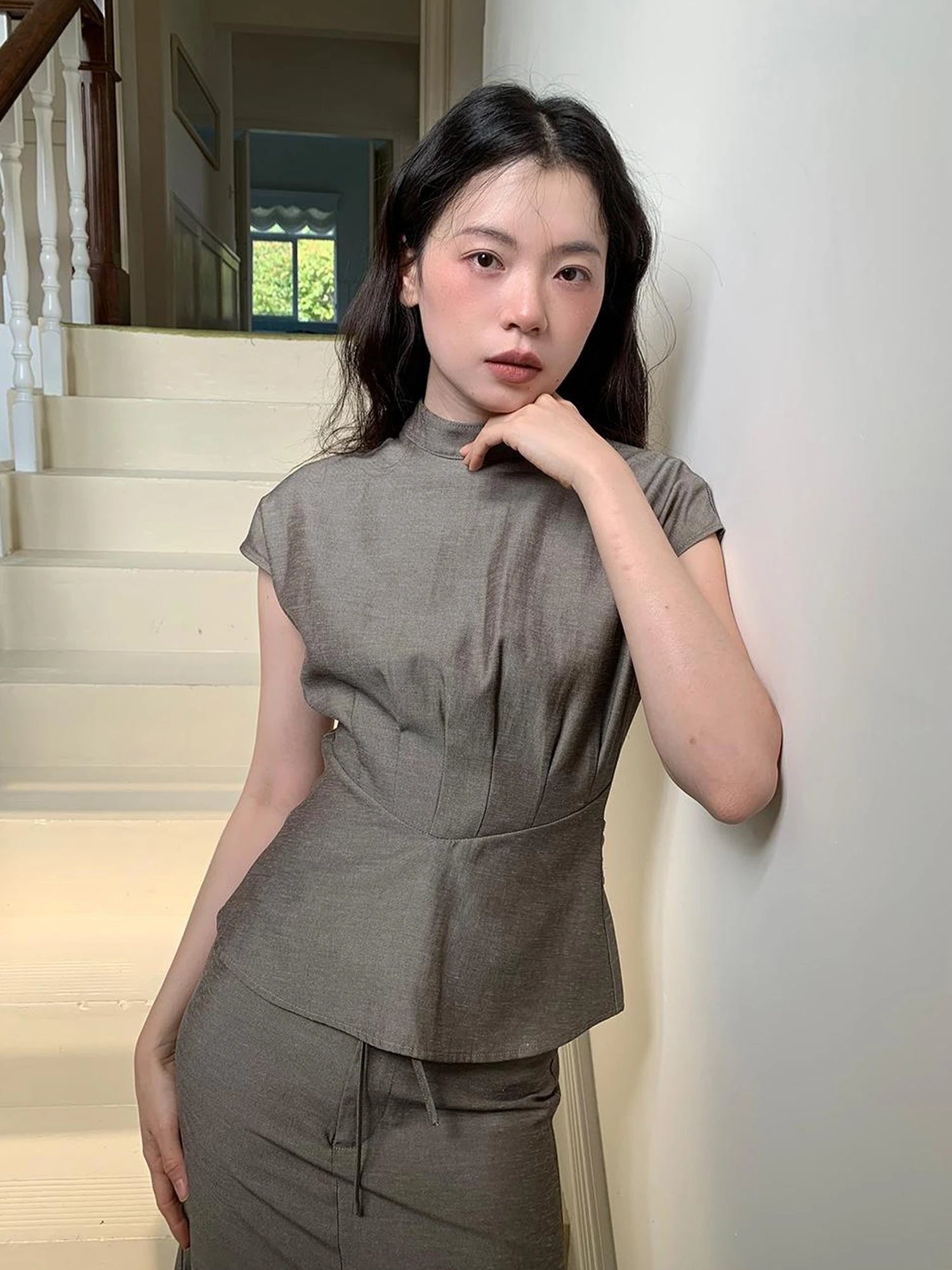 Embroidered Mandarin Collar White Shirt With Floral Lace Hem