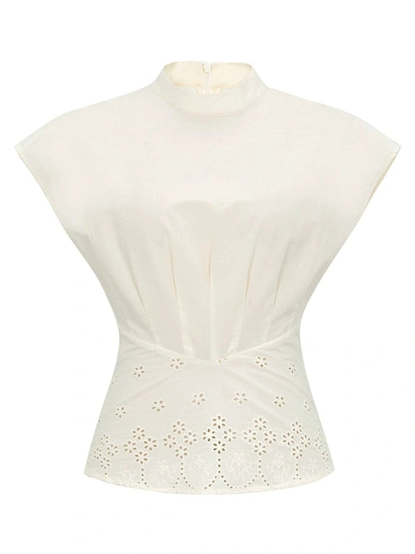 Embroidered Mandarin Collar White Shirt With Floral Lace Hem