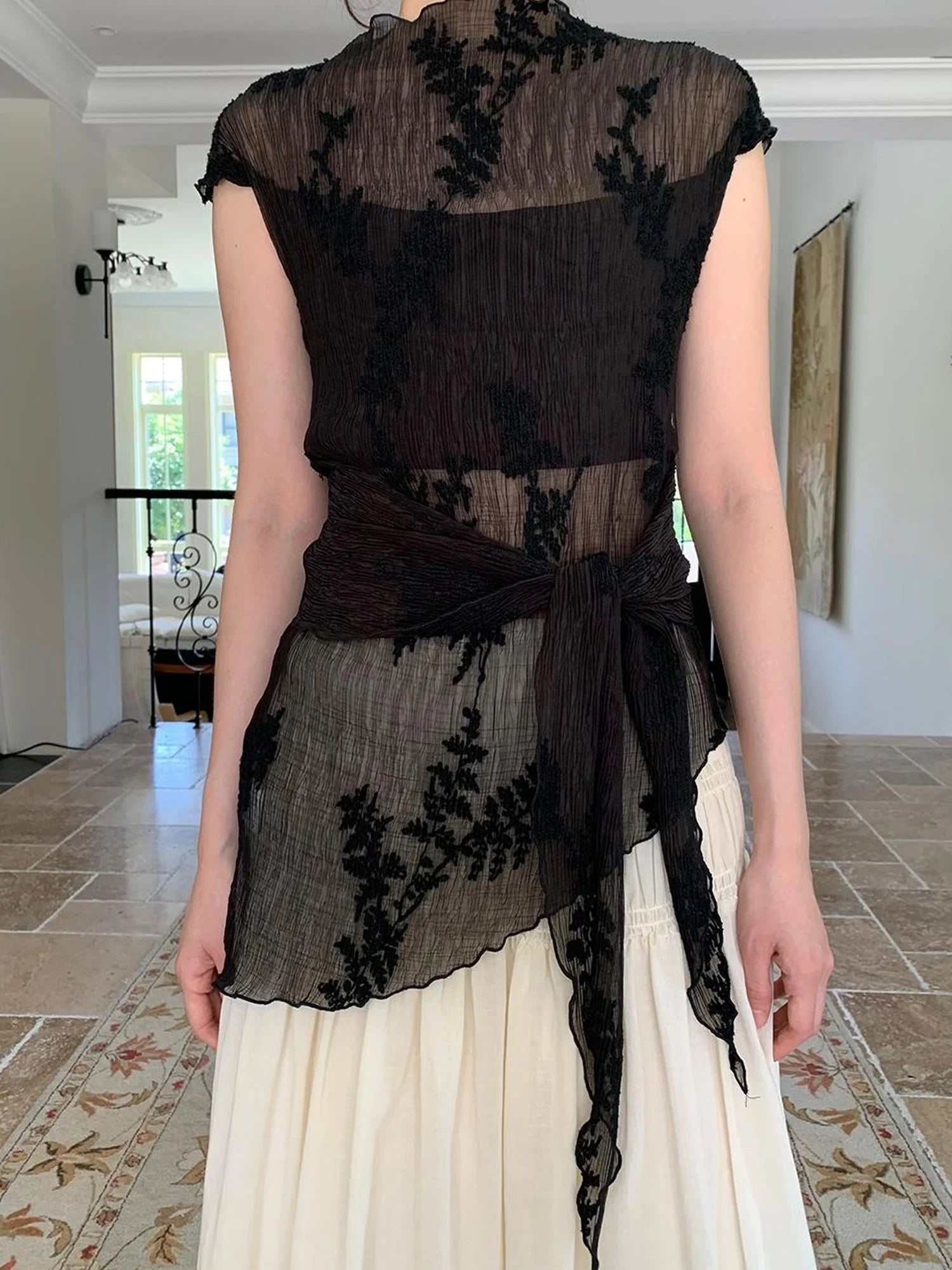 Embroidered Pleated Vest Asymmetric Hem Sleeveless Top