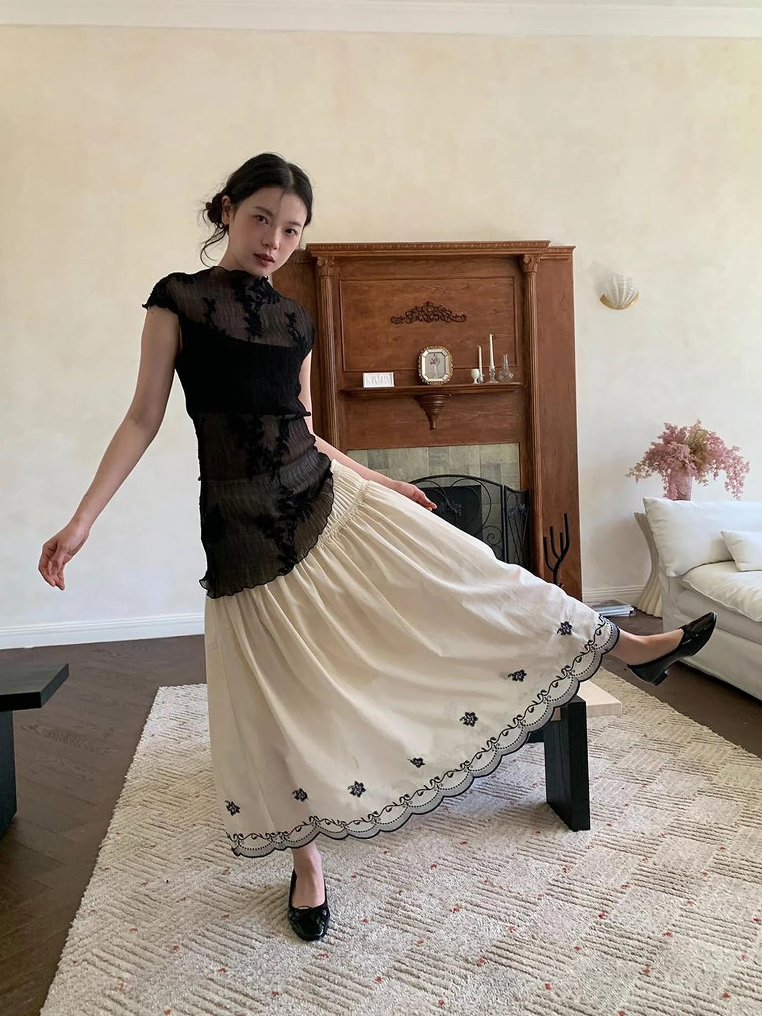 Embroidered Pleated Vest Asymmetric Hem Sleeveless Top