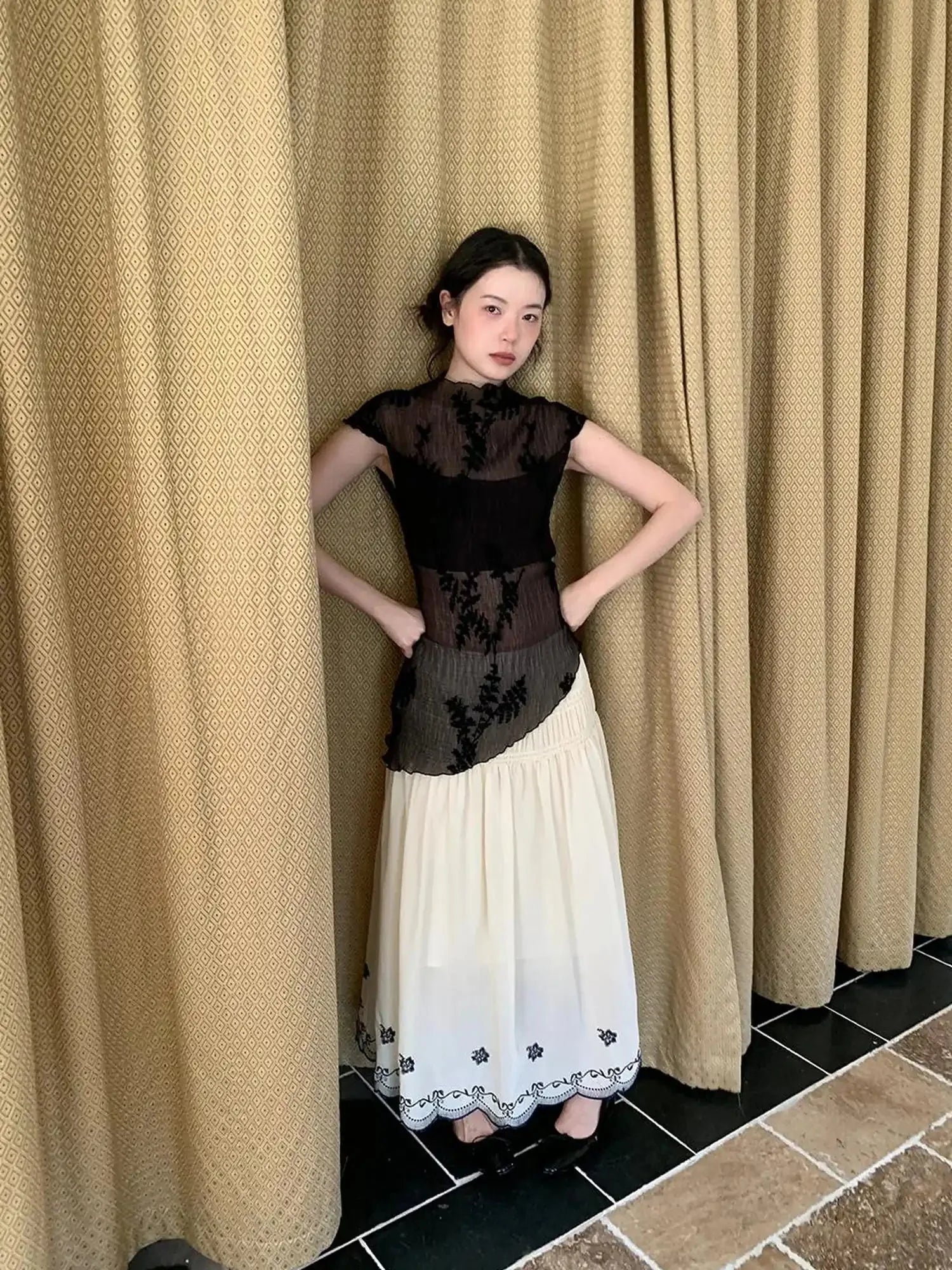 Embroidered Pleated Vest Asymmetric Hem Sleeveless Top