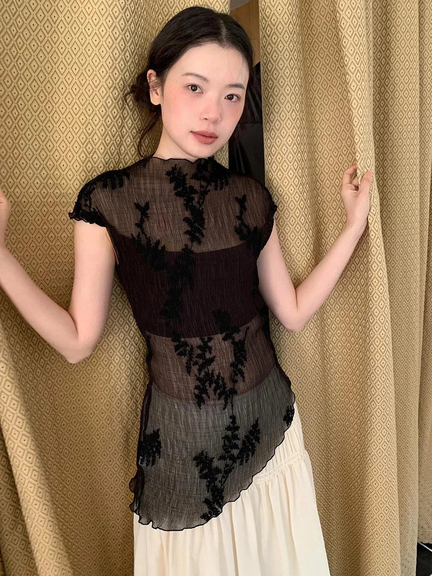 Embroidered Pleated Vest Asymmetric Hem Sleeveless Top