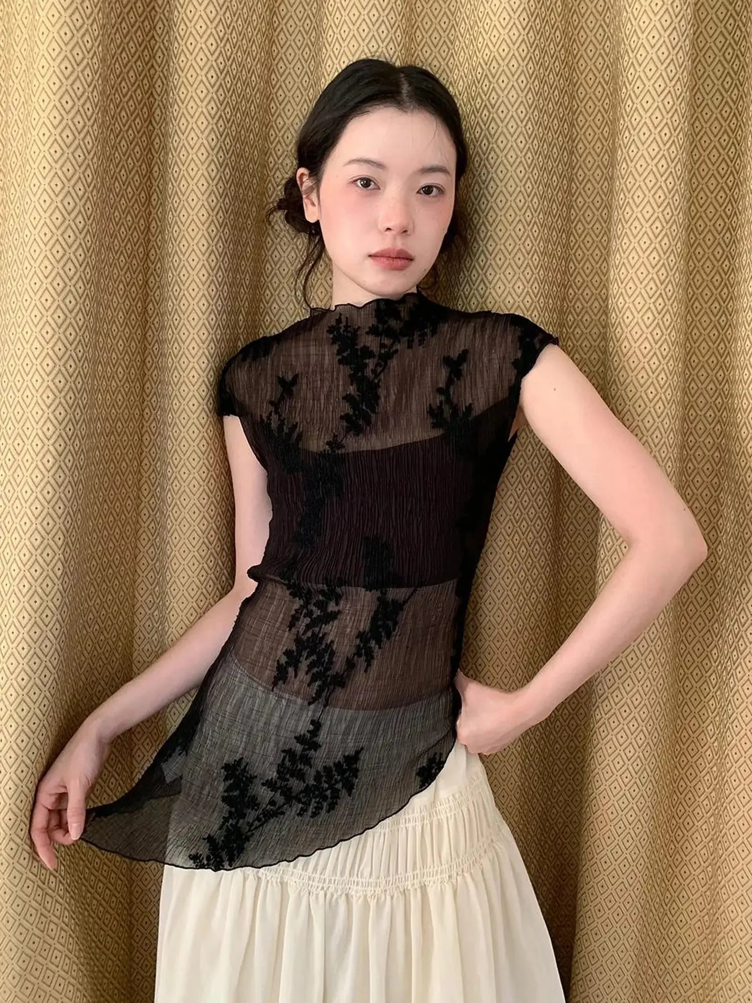 Embroidered Pleated Vest Asymmetric Hem Sleeveless Top