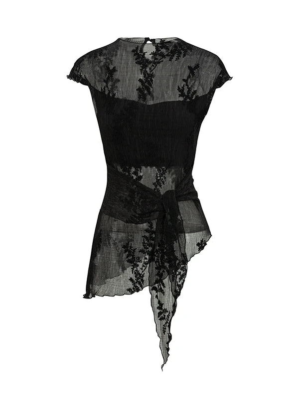 Embroidered Pleated Vest Asymmetric Hem Sleeveless Top