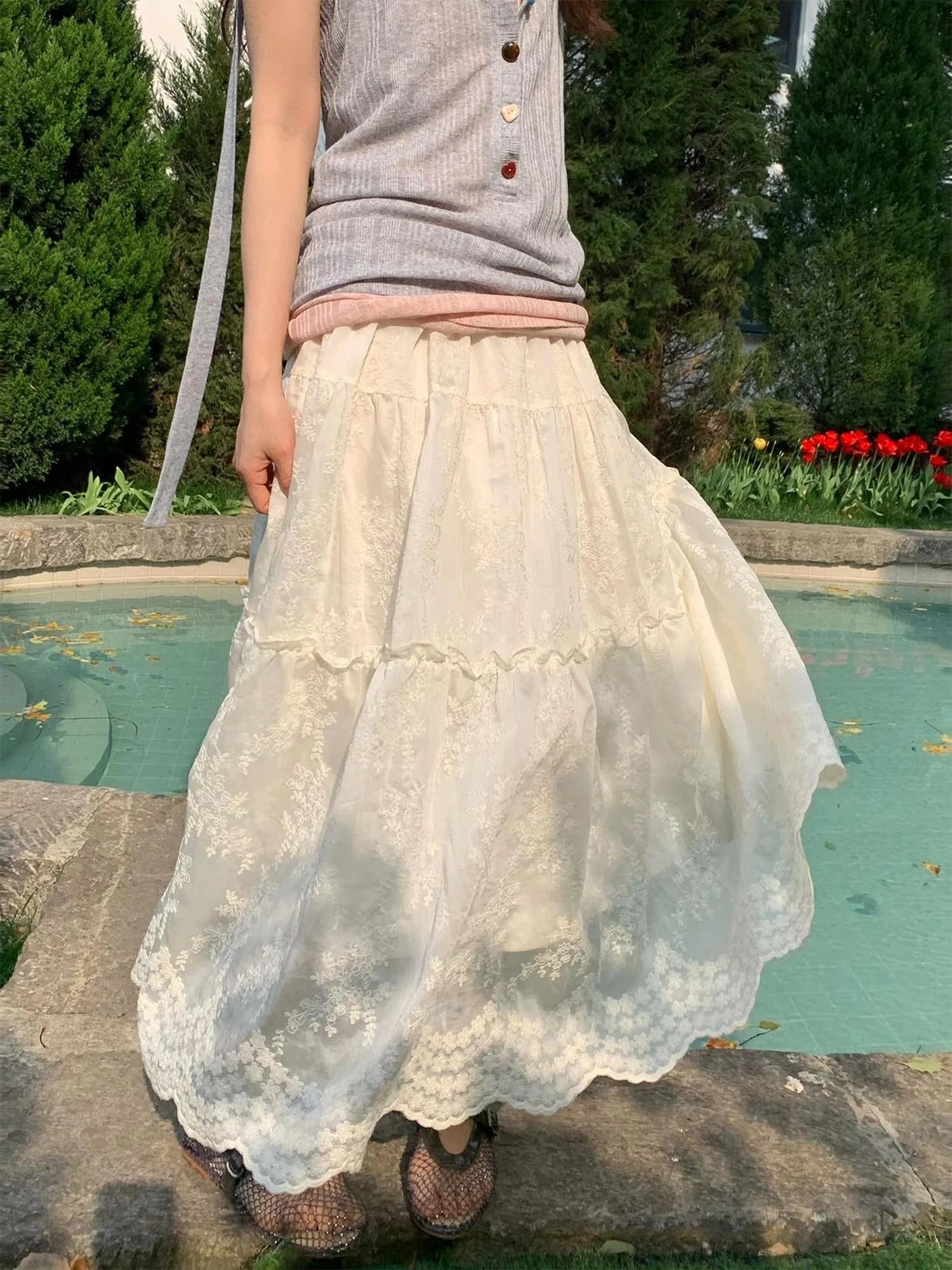 Embroidered Wave Hem White Skirt Elegant Floral Lace A Line Midi